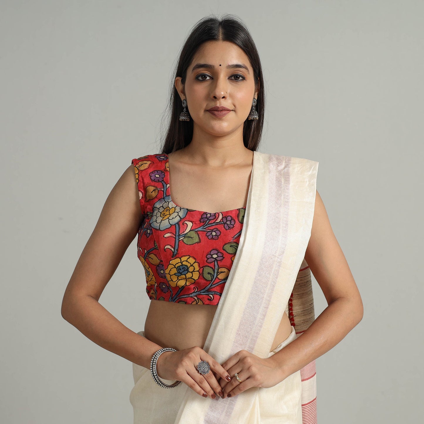 Red - srikalahasti handpainted penwork kalamkari chanderi