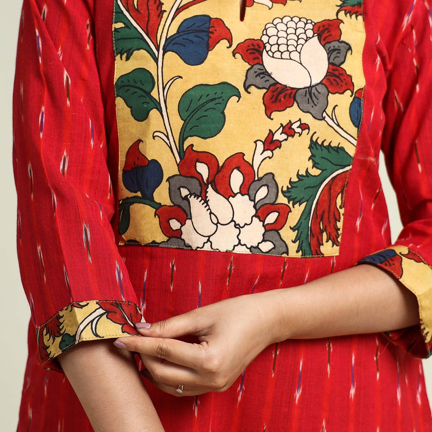 Red Srikalahasti Kalamkari Patchwork Pochampally Ikat Cotton Kurta