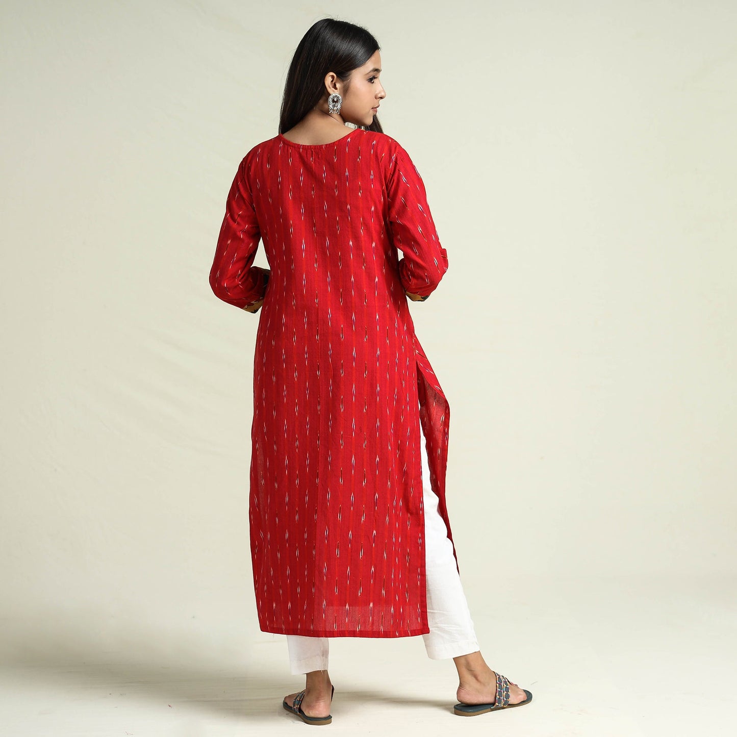 Red Srikalahasti Kalamkari Patchwork Pochampally Ikat Cotton Kurta
