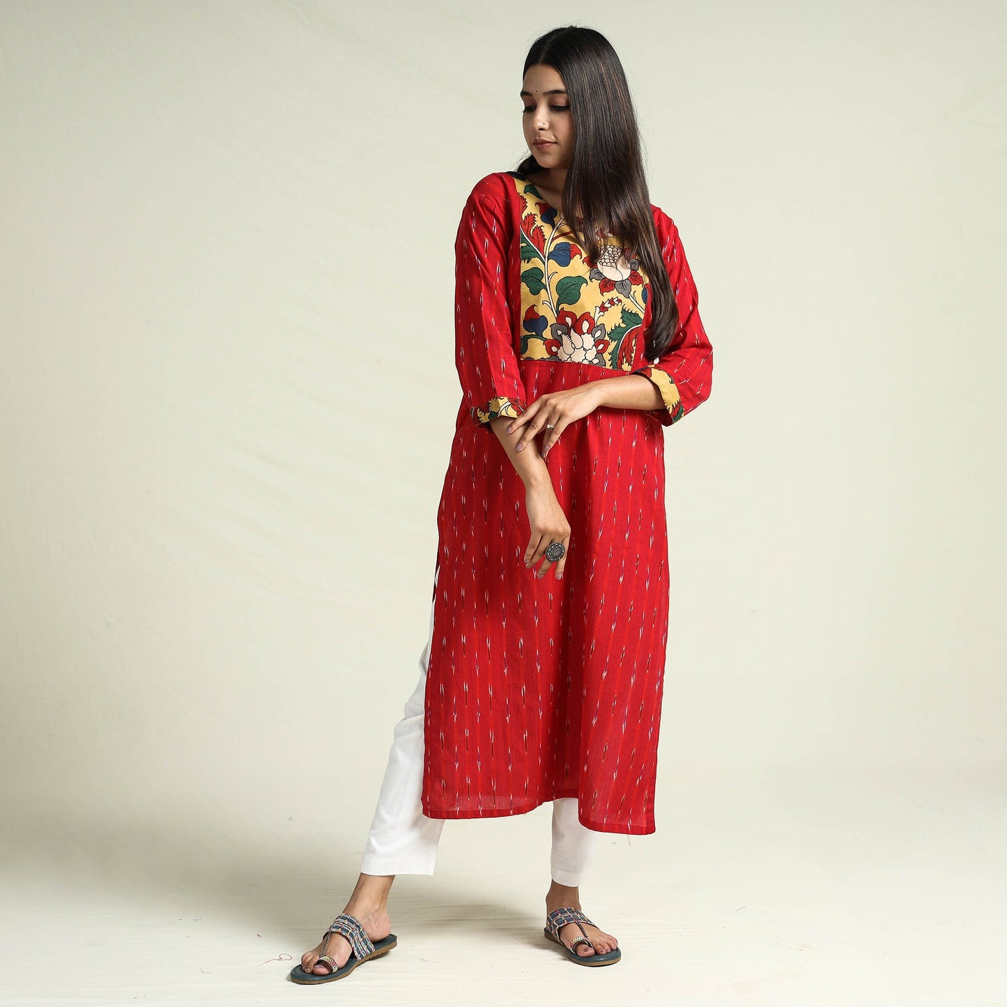 Red Srikalahasti Kalamkari Patchwork Pochampally Ikat Cotton Kurta