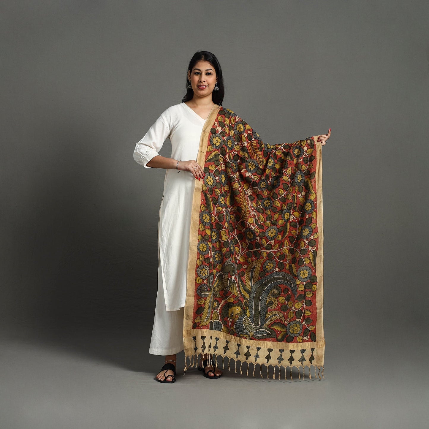 Red - Mangalagiri Cotton Handpainted Pen Work Kalamkari Dupatta 16
