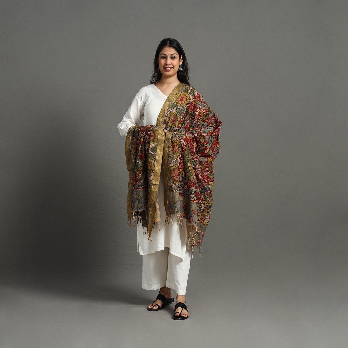 Red - mangalagiri cotton handpainted pen work kalamkari