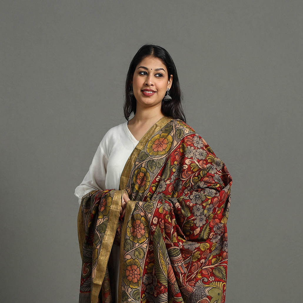 Red - mangalagiri cotton handpainted pen work kalamkari