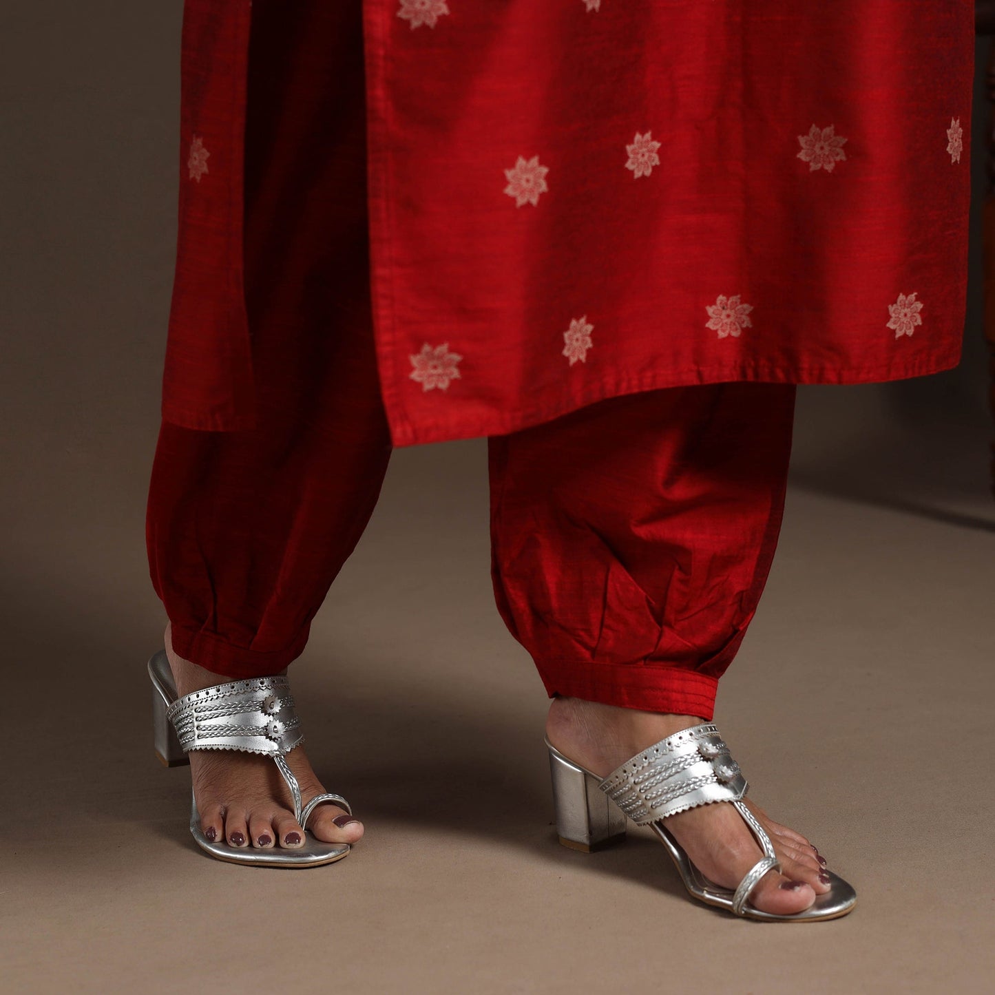Red - straight buti work spun dupion silk plain kurta set