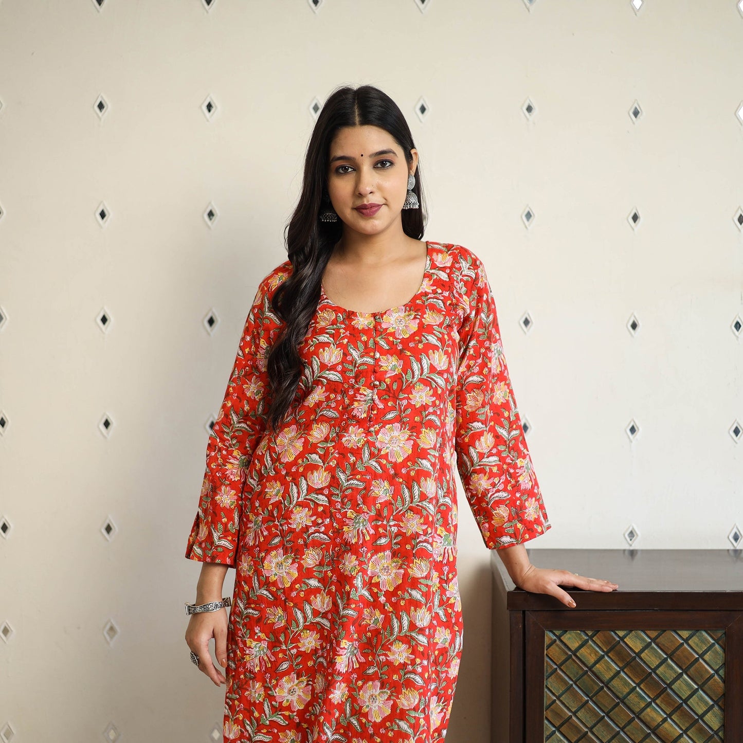 Red Straight Cotton Block Print Sanganeri Kurta