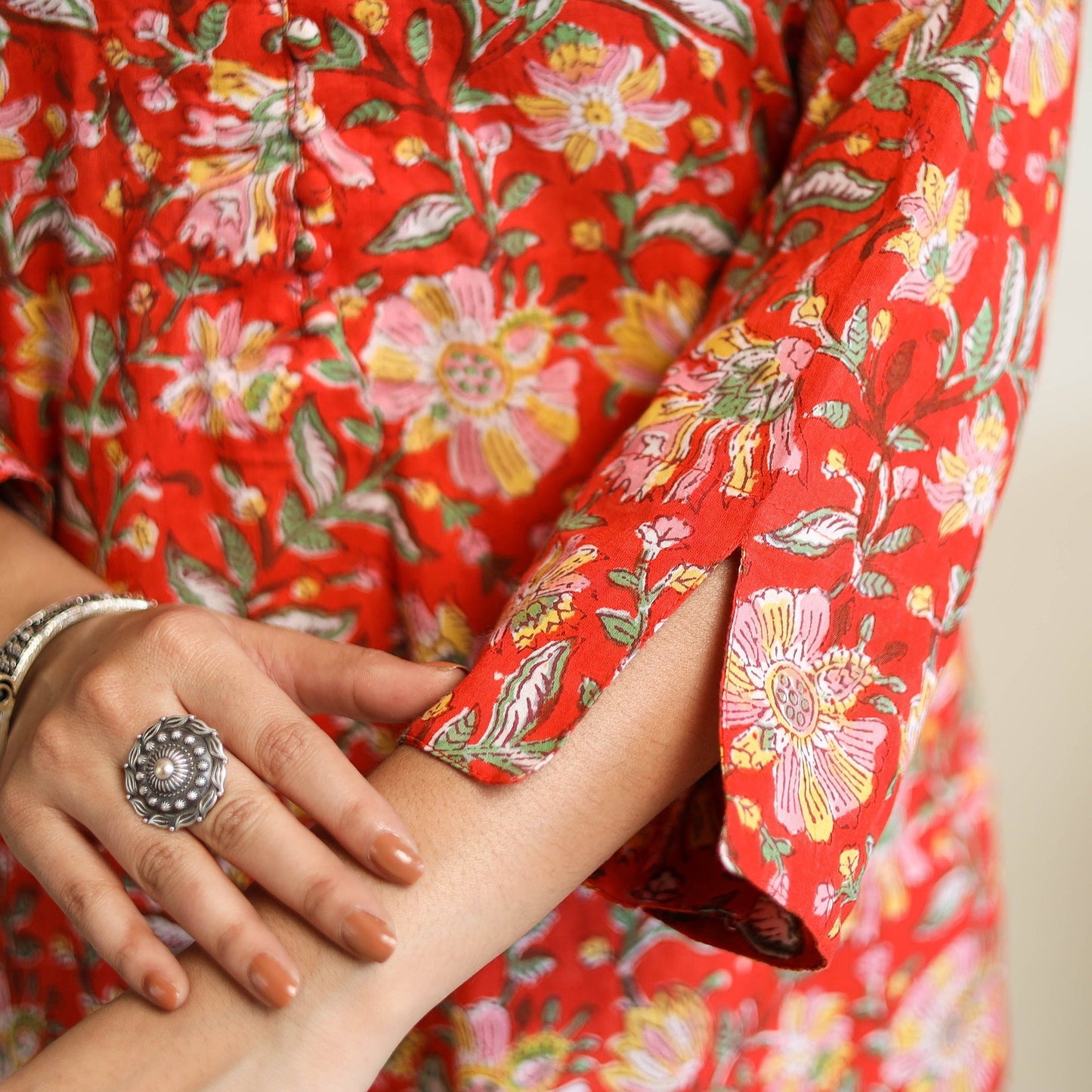 Red Straight Cotton Block Print Sanganeri Kurta