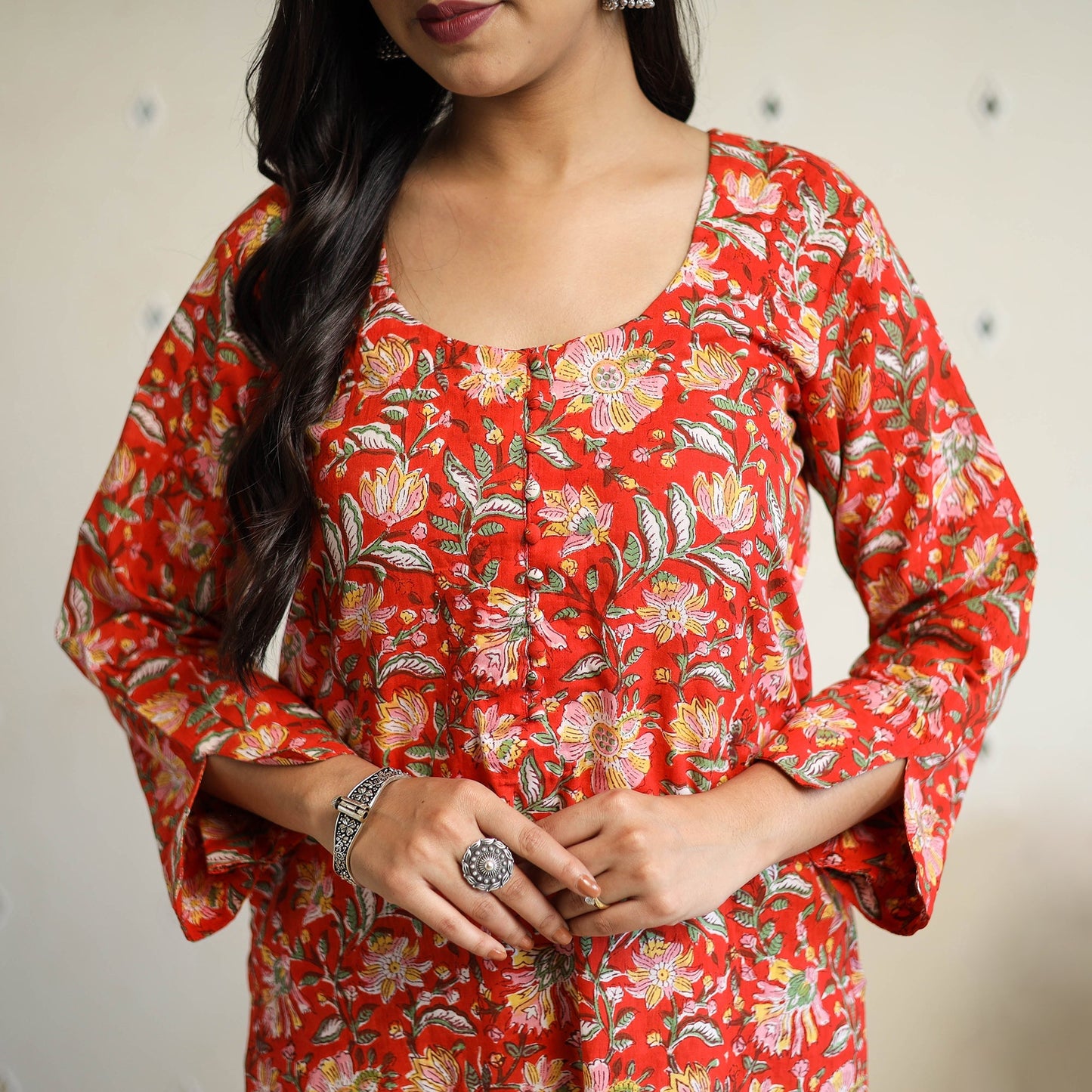 Red Straight Cotton Block Print Sanganeri Kurta