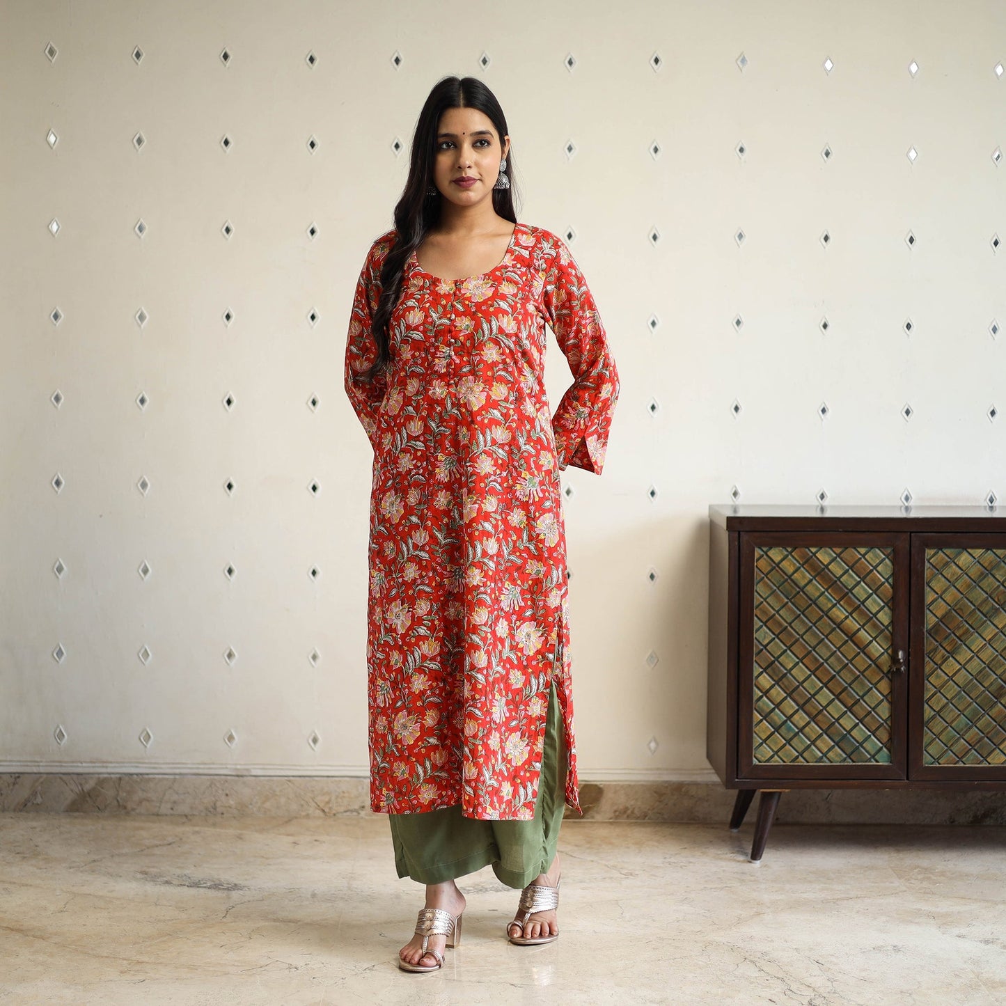 Red Straight Cotton Block Print Sanganeri Kurta