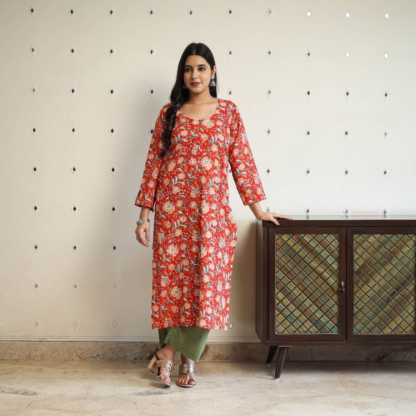 Red Straight Cotton Block Print Sanganeri Kurta