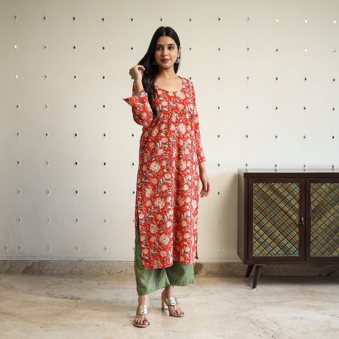 Red Straight Cotton Block Print Sanganeri Kurta