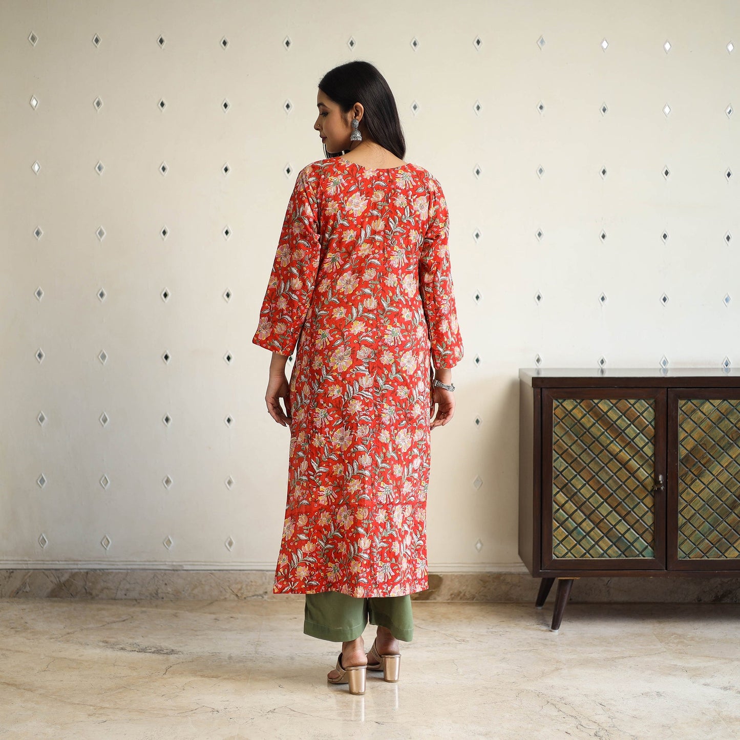 Red Straight Cotton Block Print Sanganeri Kurta
