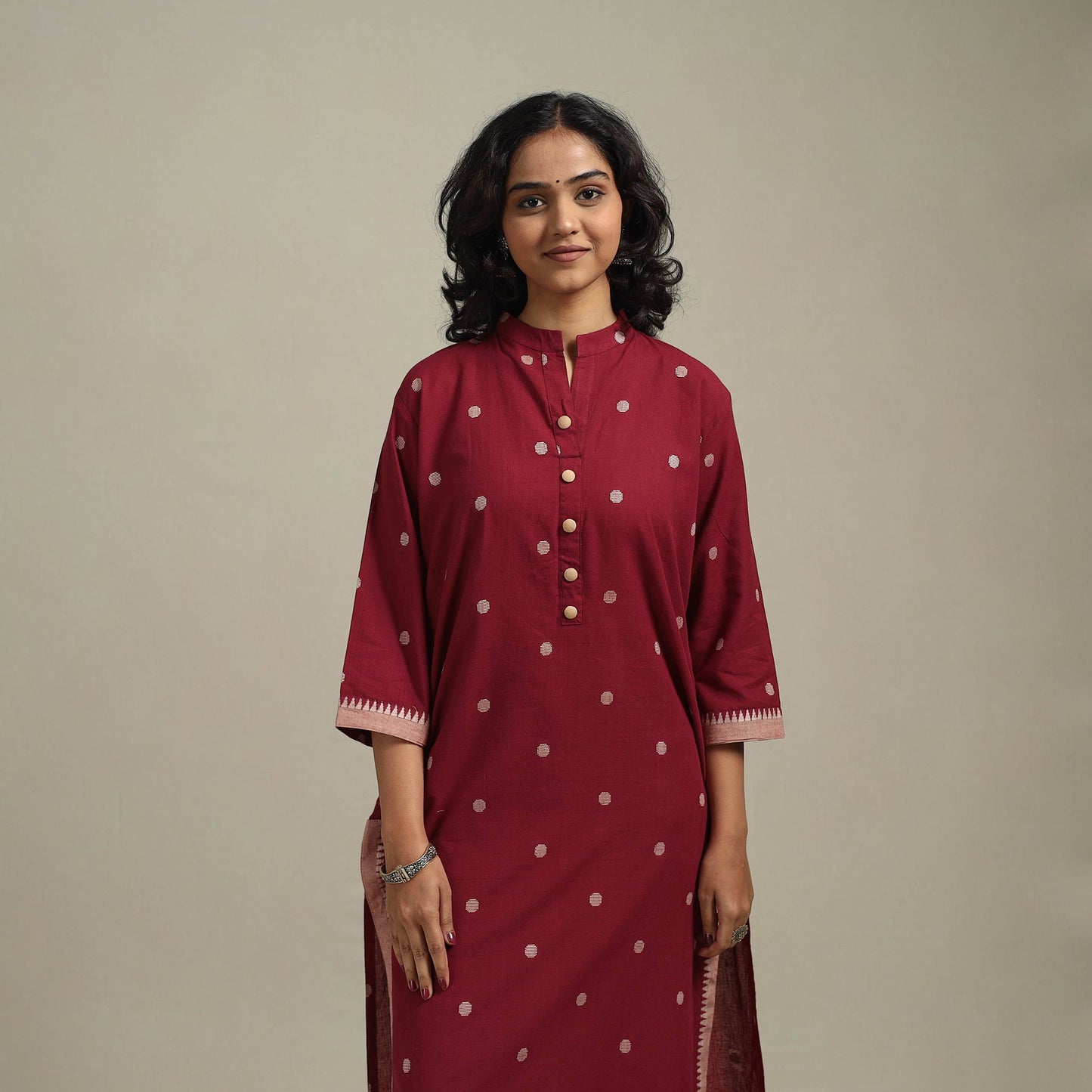 Red - straight cotton jacquard kurta 09 - handcrafted