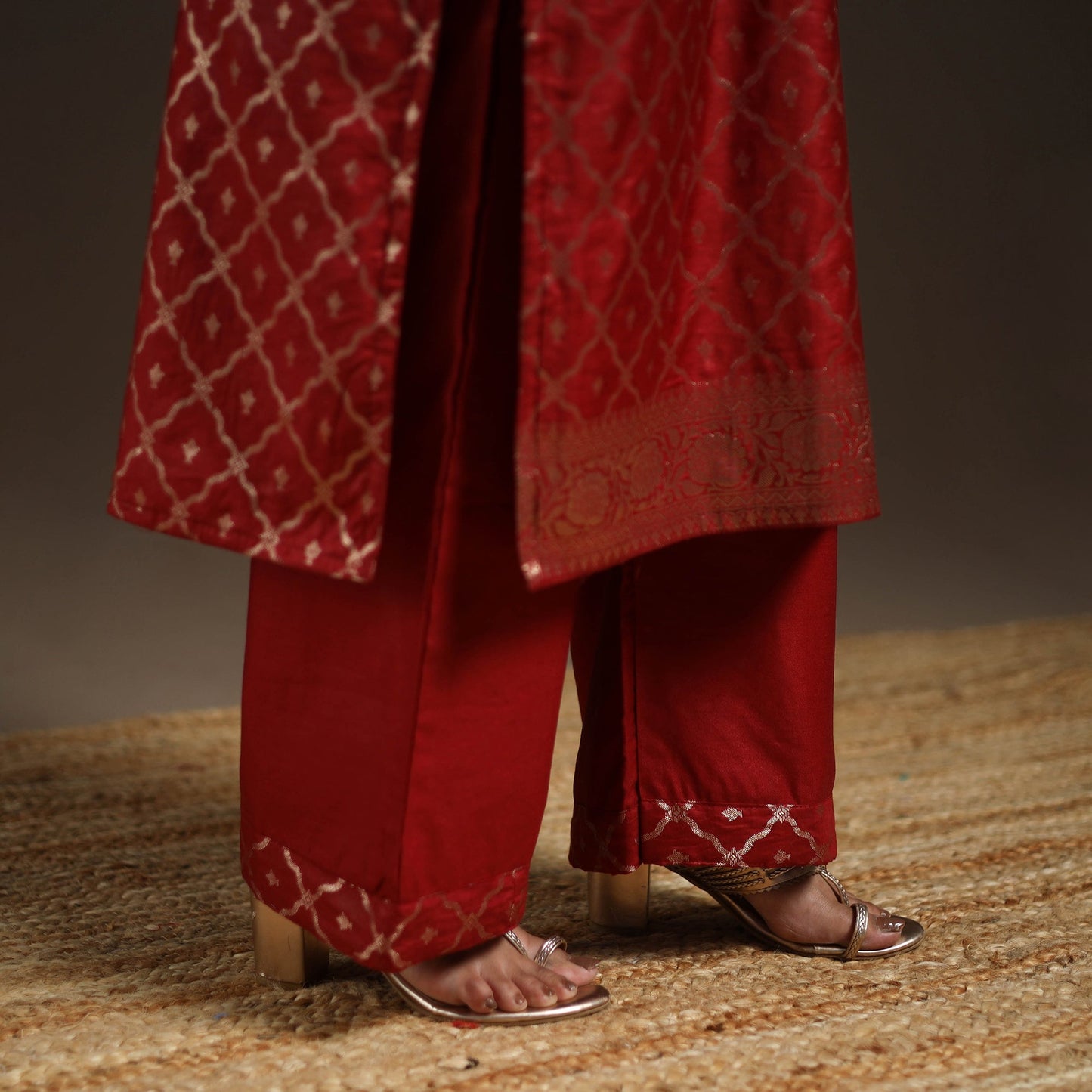 Red - tanchoi silk cotton banarasi kurta set for women (set