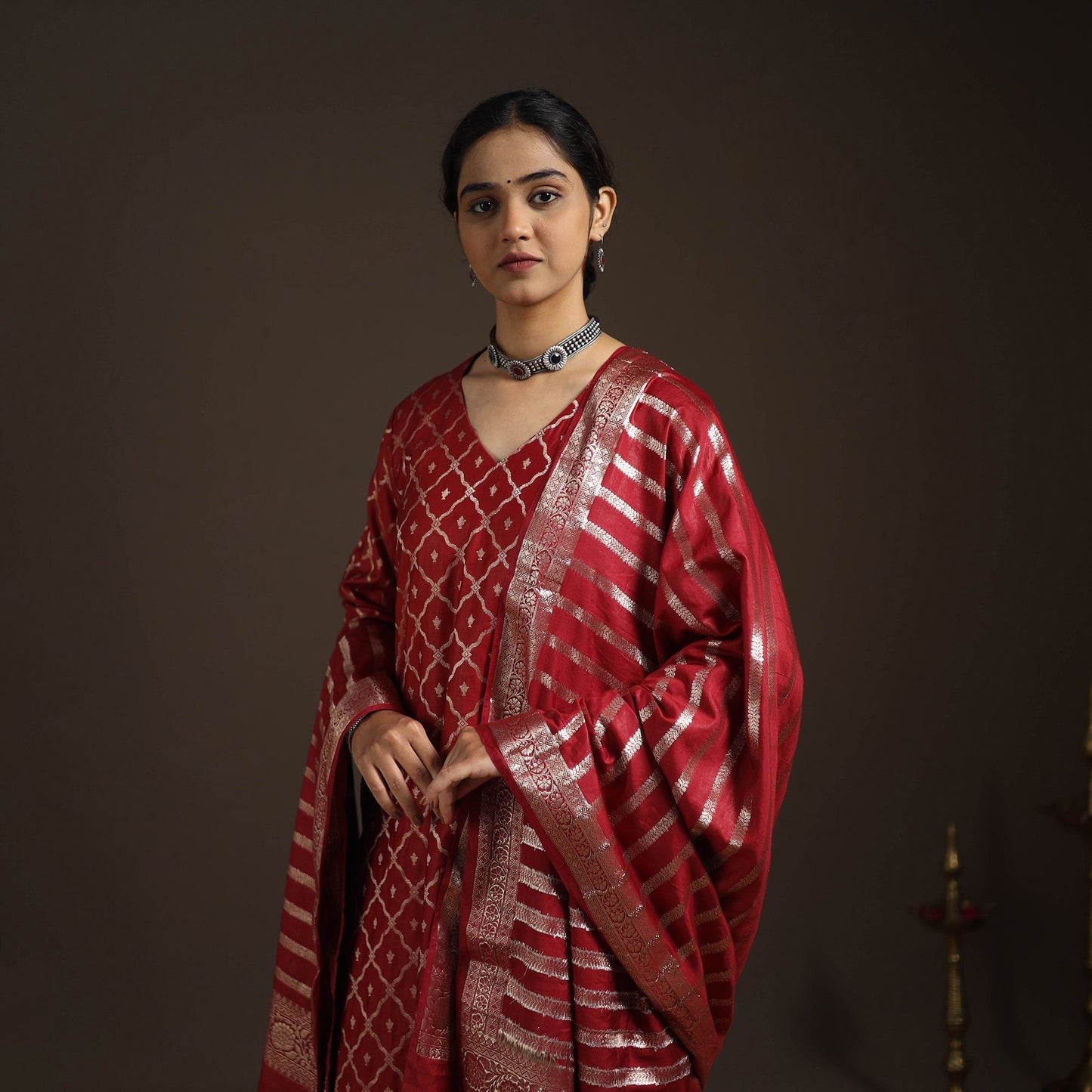 Red - tanchoi silk cotton banarasi kurta set for women (set