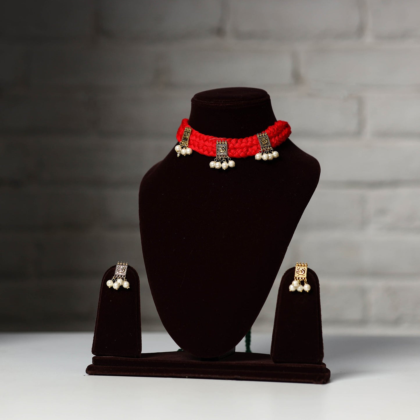 Red - thread work german silver necklace set 02