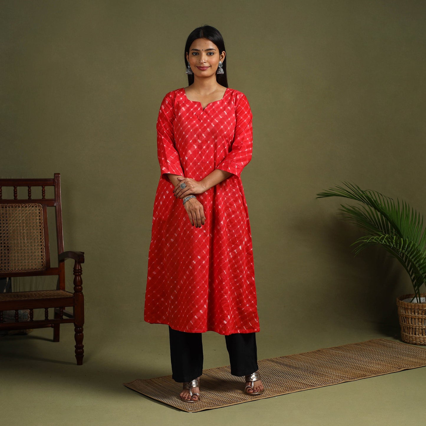Red Tie-Dye Cotton A-Line Leheriya Kurta