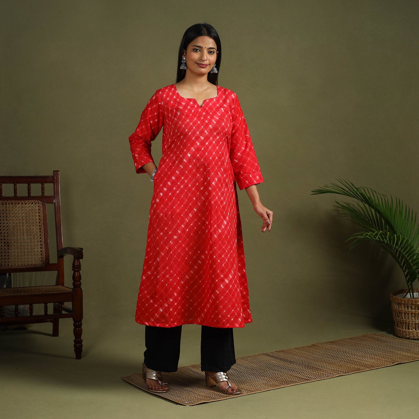 Red Tie-Dye Cotton A-Line Leheriya Kurta