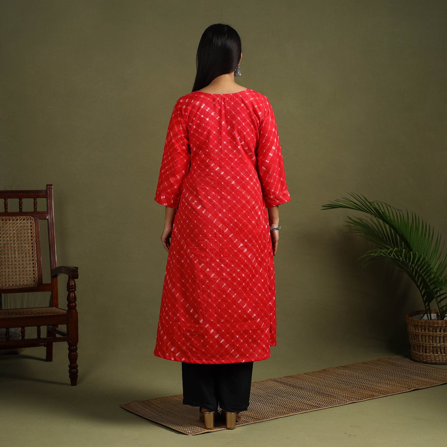 Red Tie-Dye Cotton A-Line Leheriya Kurta