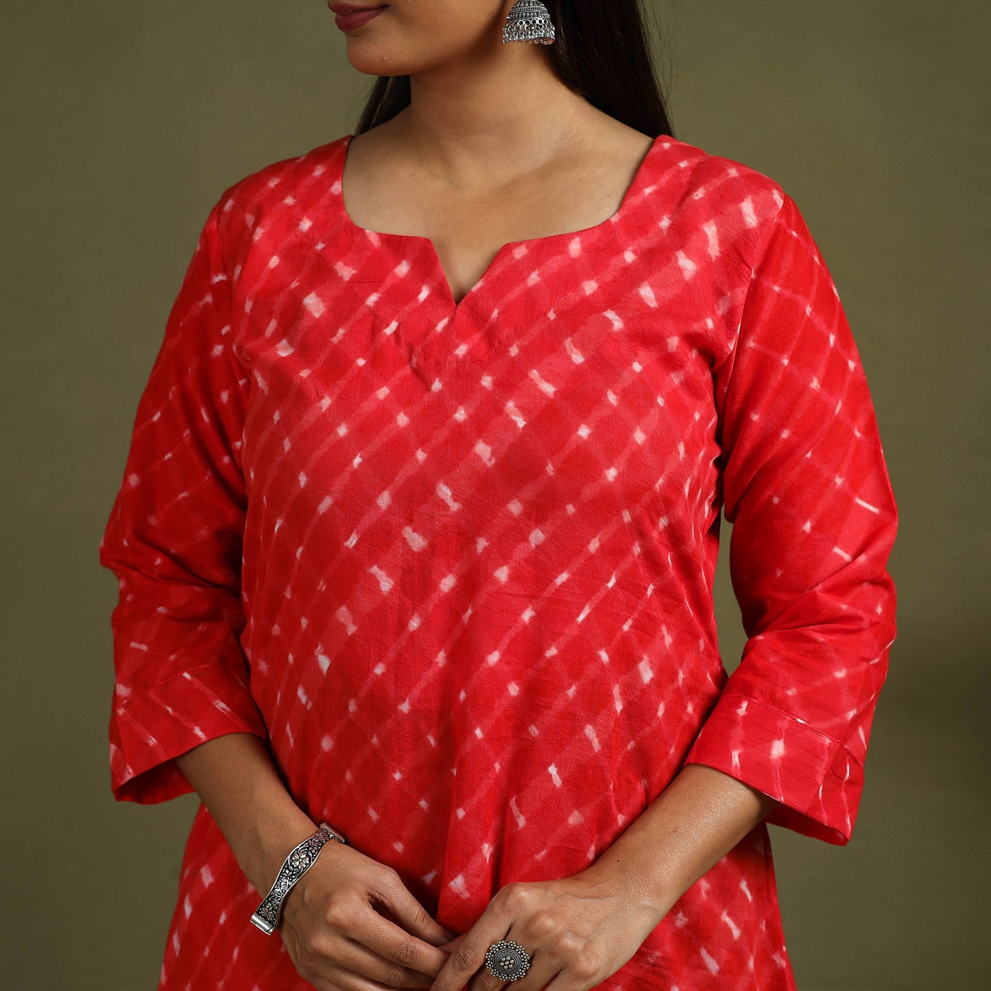 Red Tie-Dye Cotton A-Line Leheriya Kurta