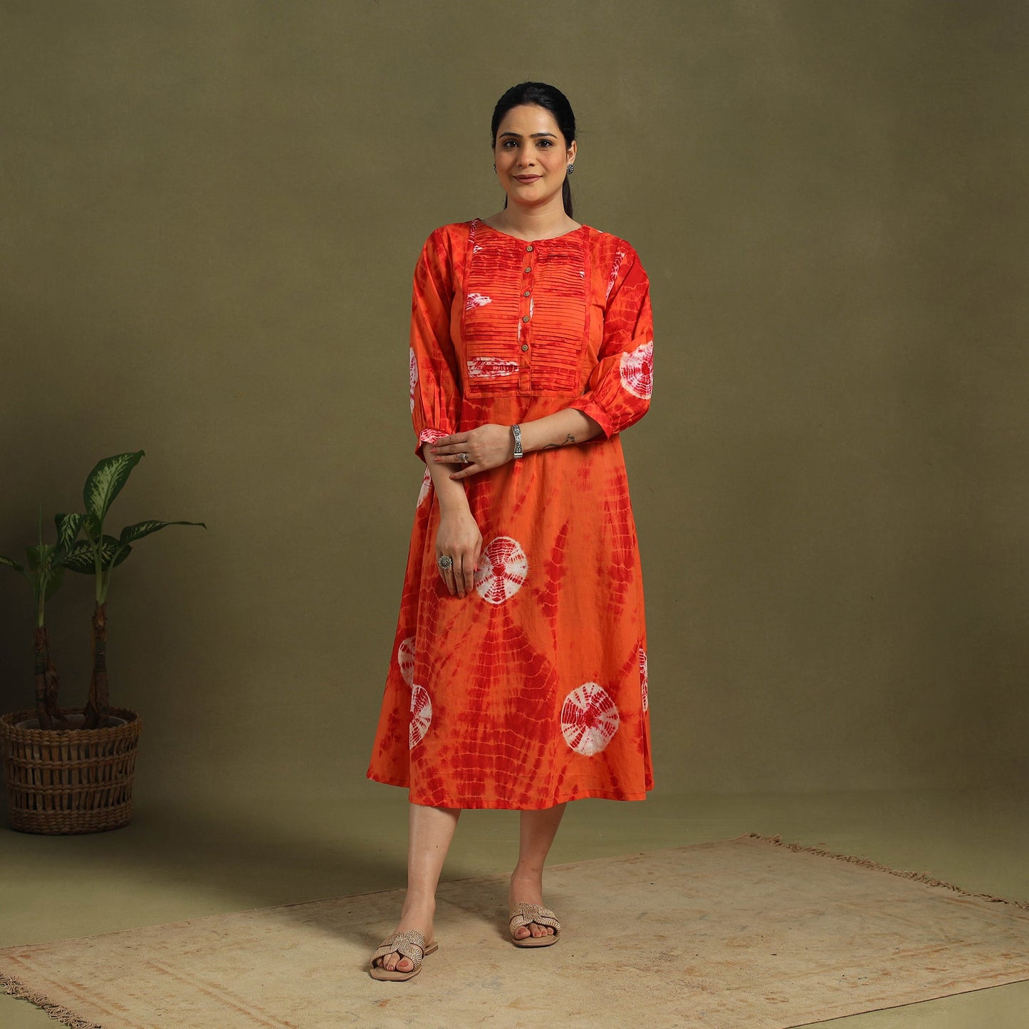 Red - tie-dye cotton pintuck shibori dress 01 - handcrafted