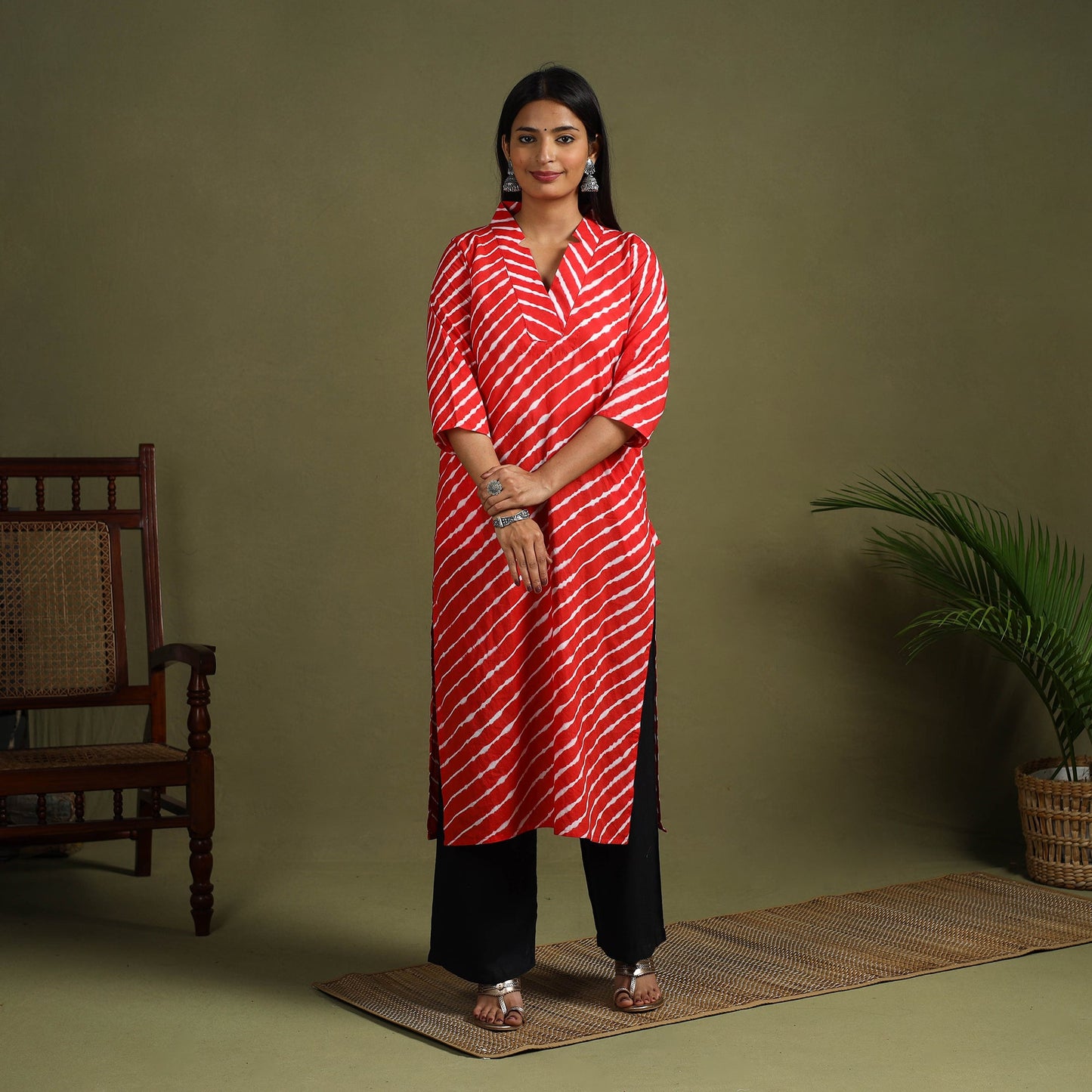 Red Tie-Dye Cotton Straight Leheriya Kurta