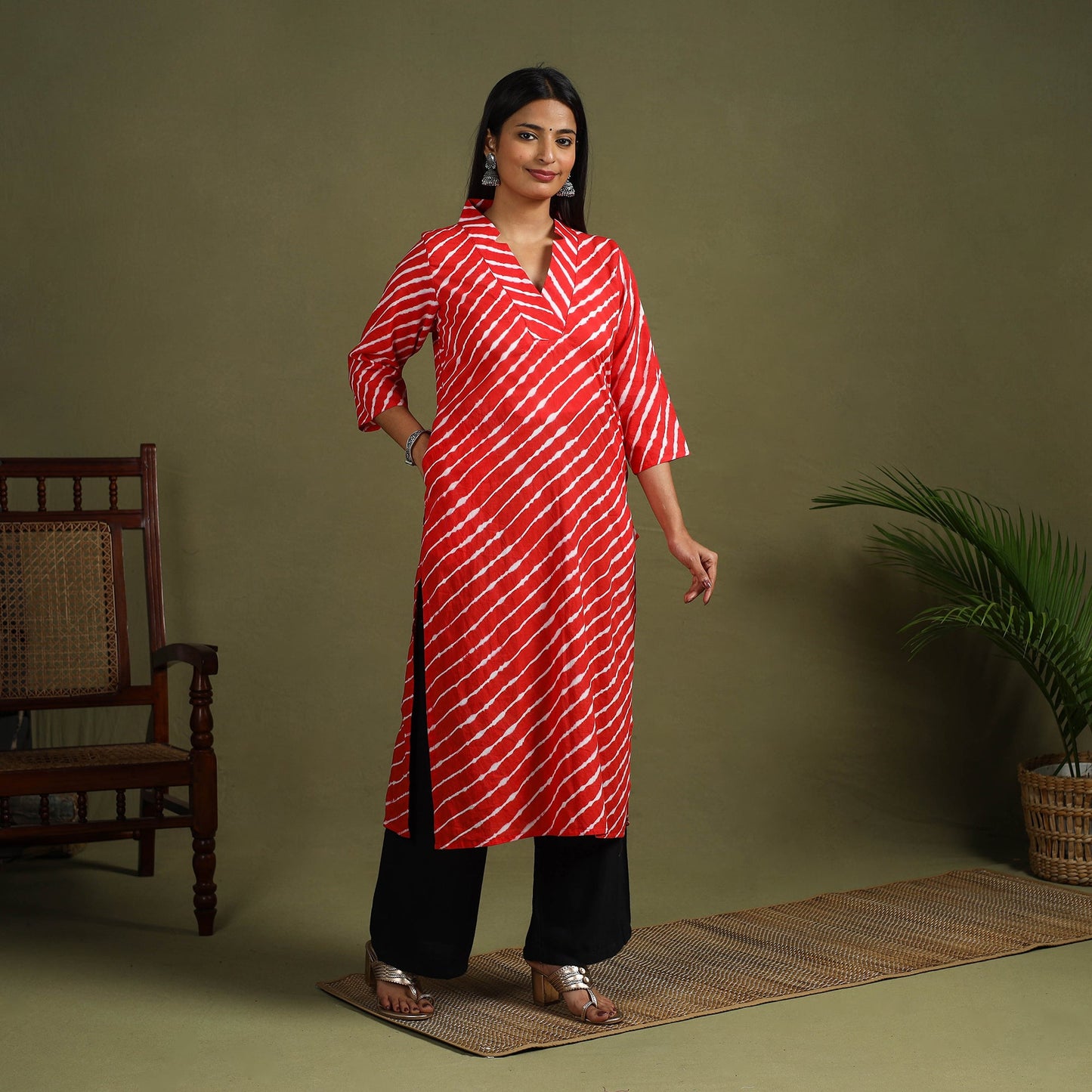 Red Tie-Dye Cotton Straight Leheriya Kurta