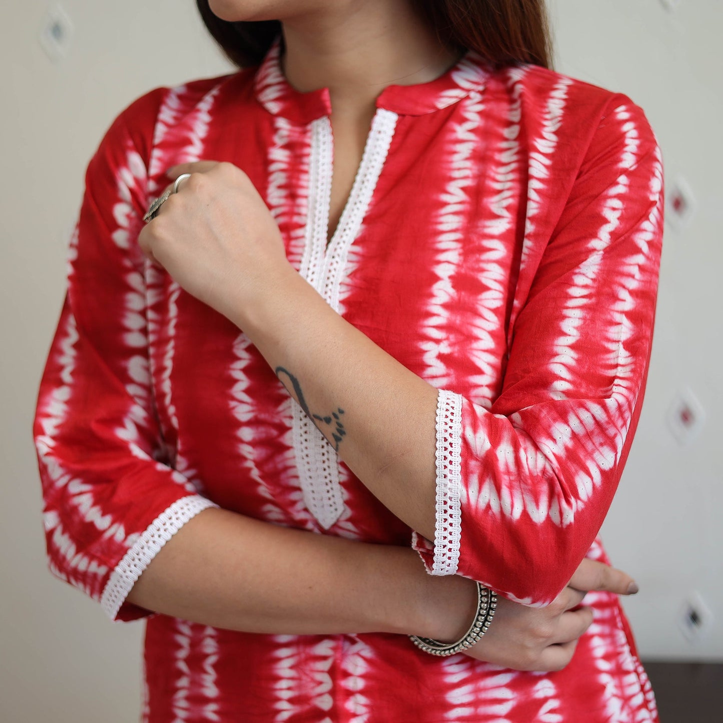 Red Tie & Dye Cotton Straight Shibori Kurta for Women