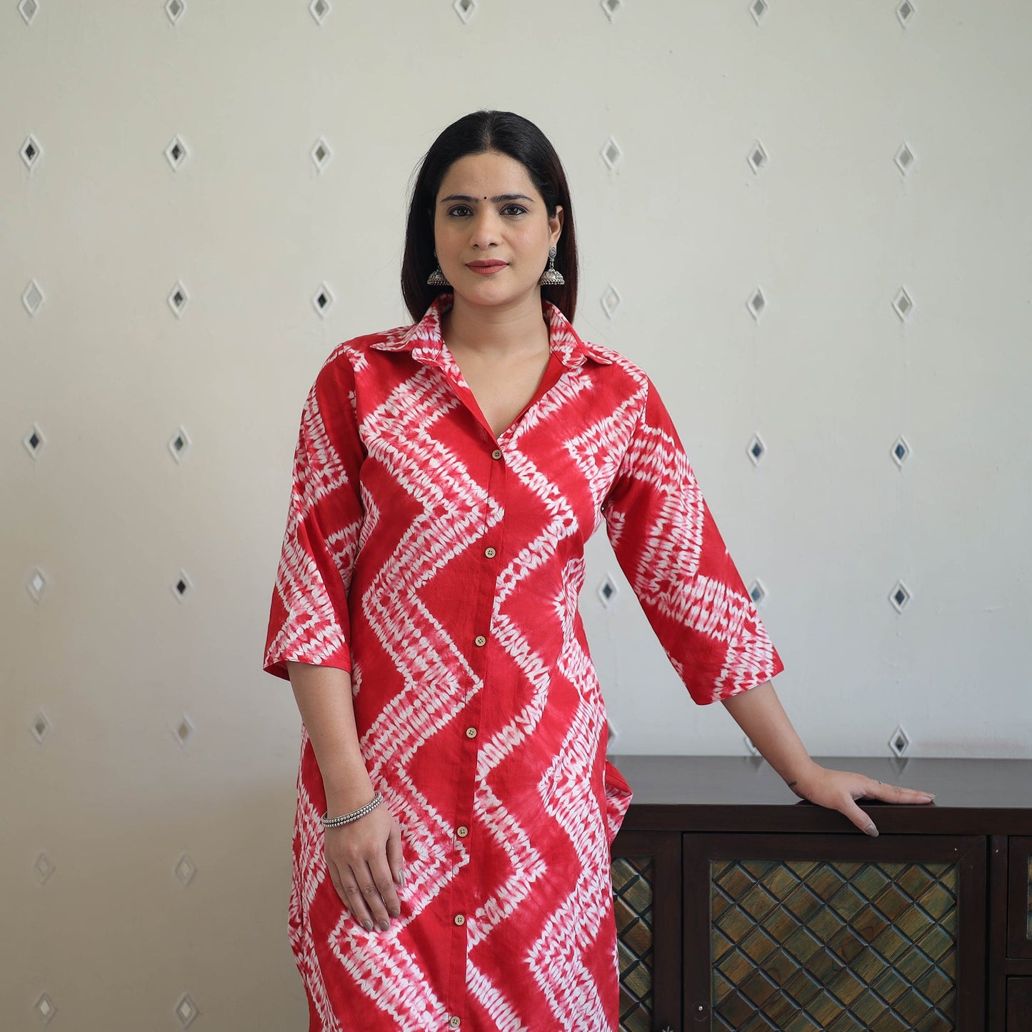 Red Tie & Dye Cotton Straight Shibori Kurta for Women