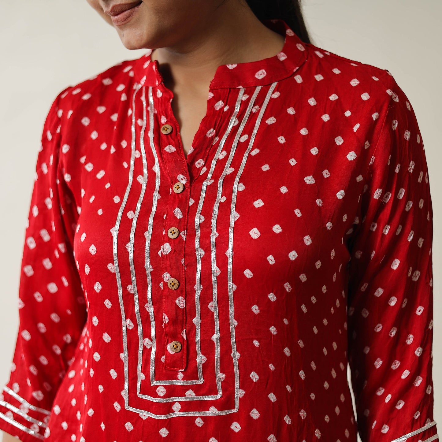 Red - tie & dye modal silk straight bandhani kurta 01