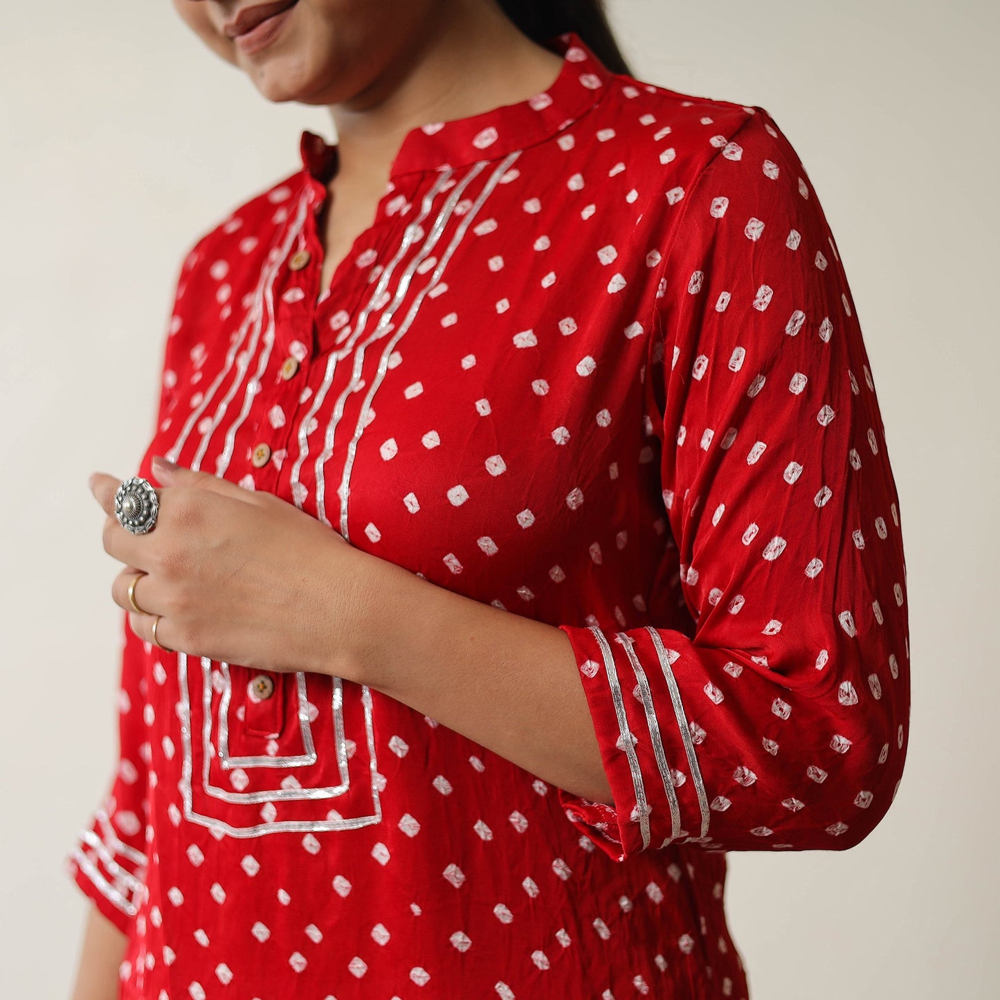 Red - tie & dye modal silk straight bandhani kurta 01