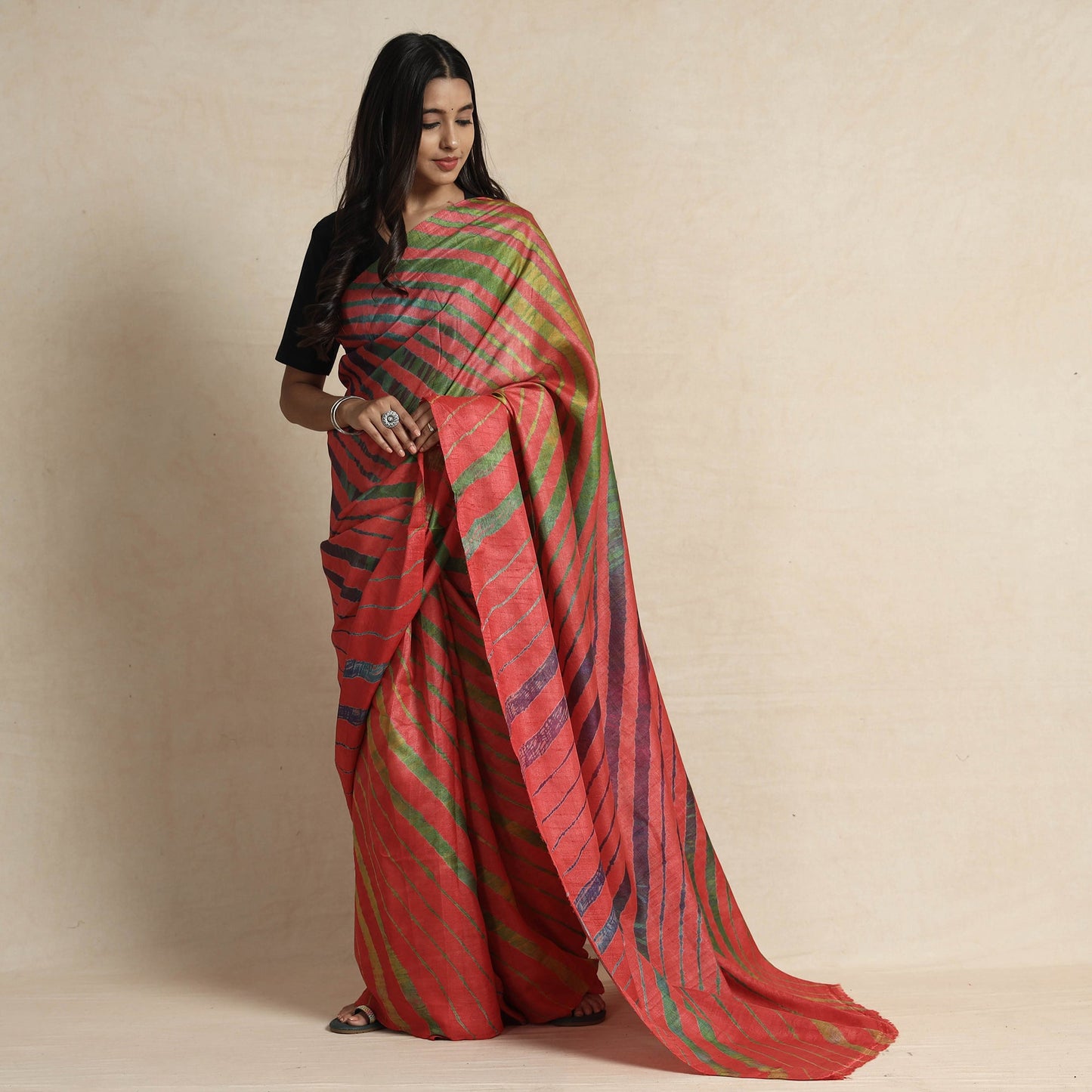 Red Leheriya Tie-Dye Tussar Silk Handloom Saree
