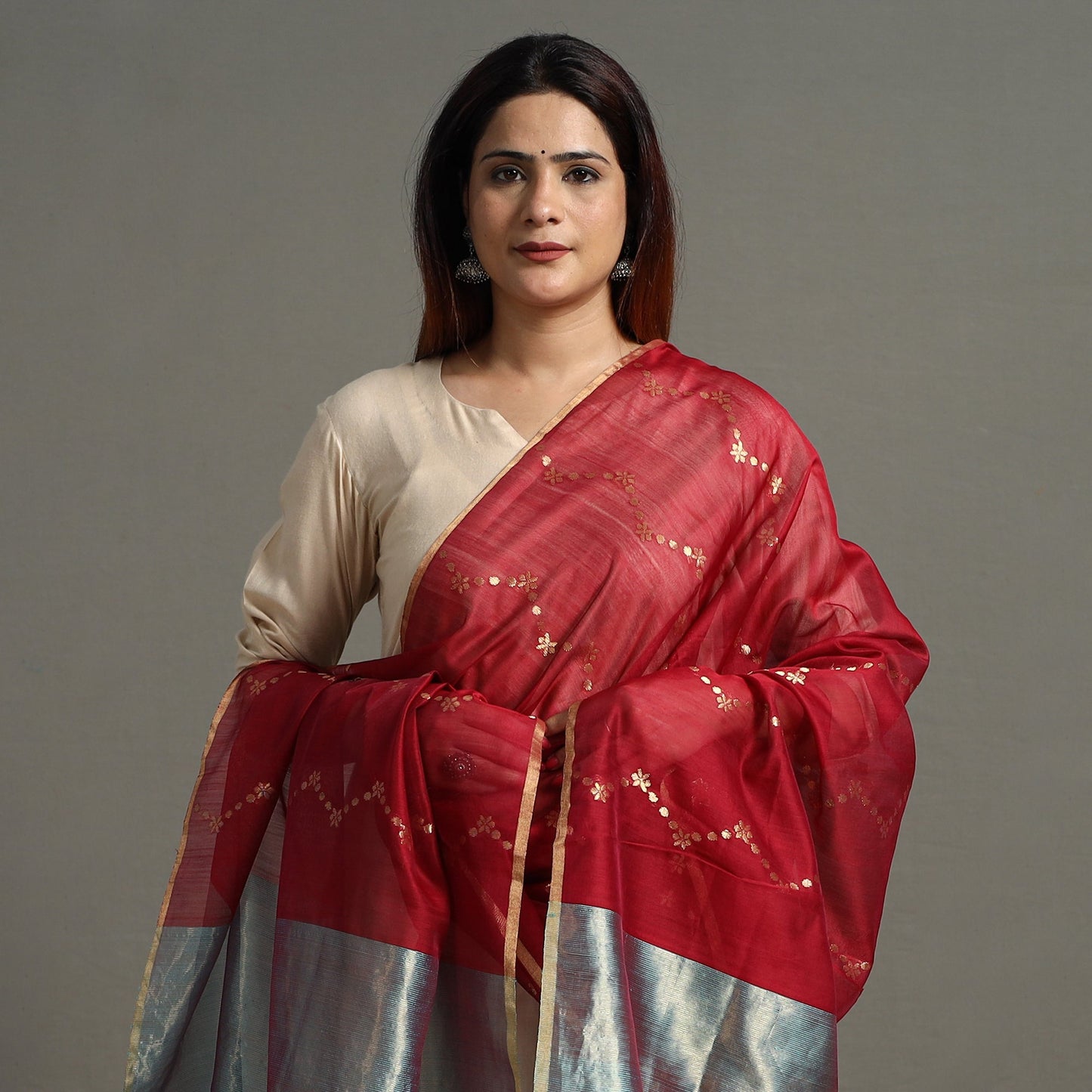 Traditional Chanderi Silk Handloom Zari Buti Dupatta with Tassels 13