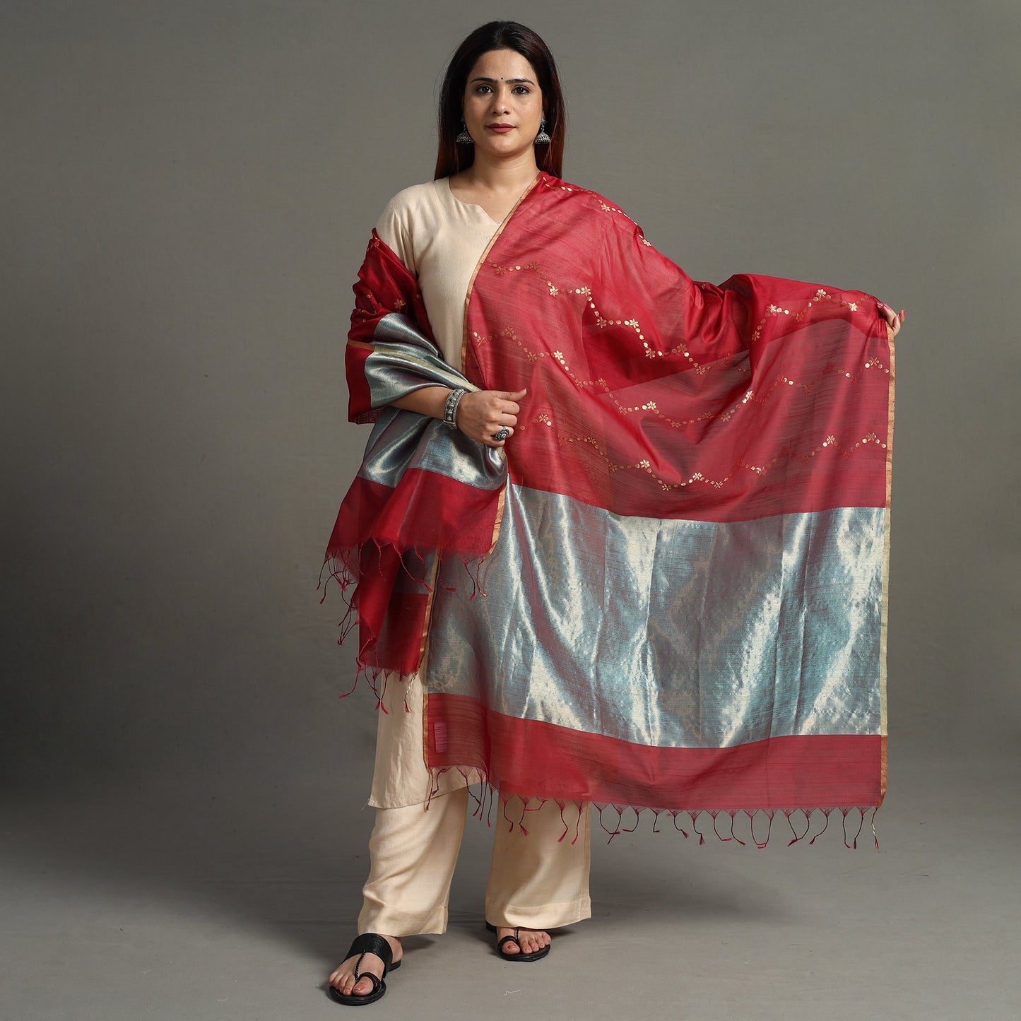Traditional Chanderi Silk Handloom Zari Buti Dupatta with Tassels 13