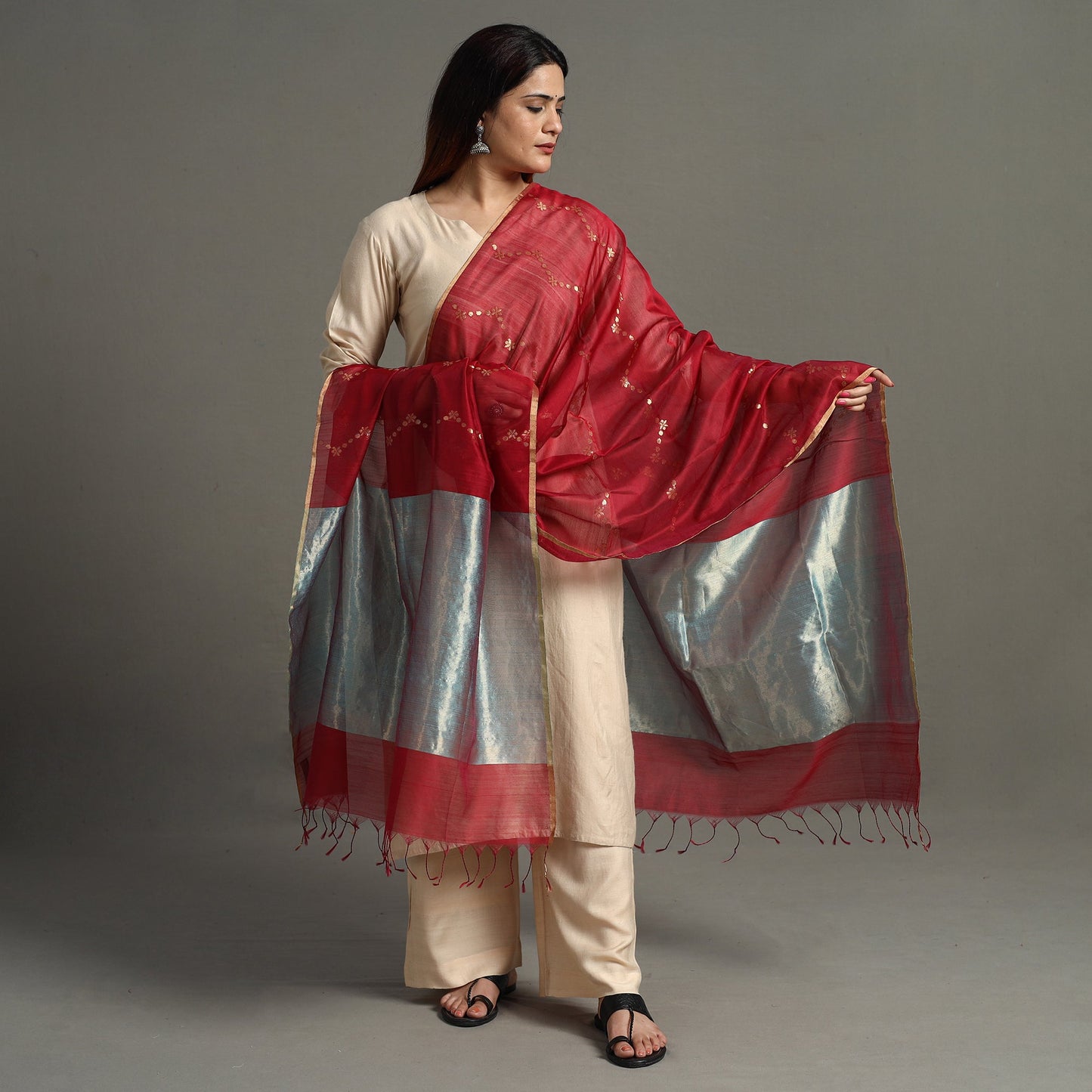 Traditional Chanderi Silk Handloom Zari Buti Dupatta with Tassels 13