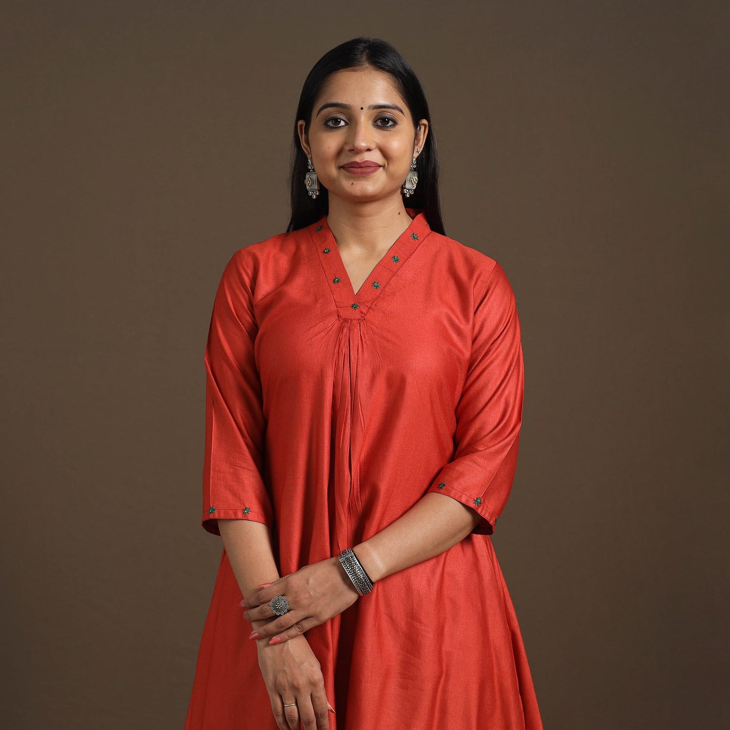 Red - tussar silk cotton kurta with fine hand embroidery 02