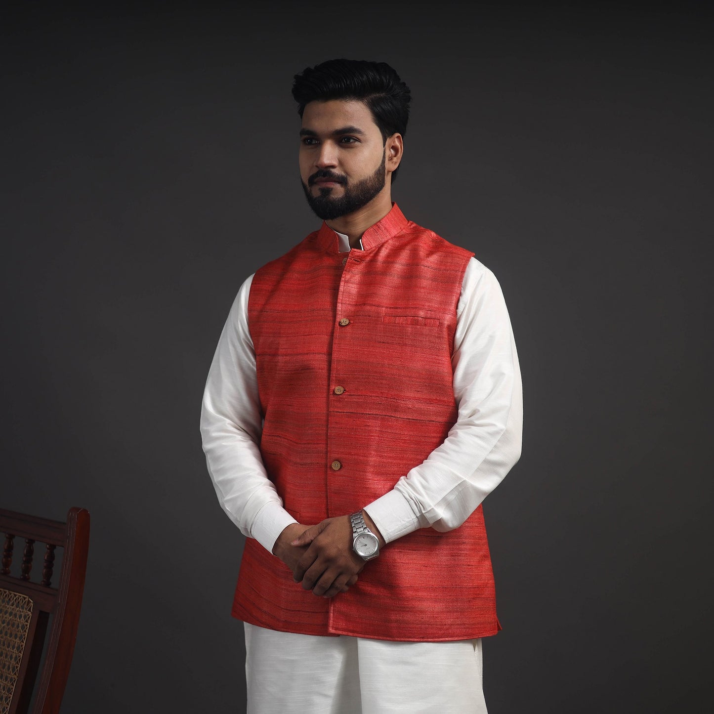 Red Vidarbha Tussar x Ghicha Silk Handloom Nehru Jacket