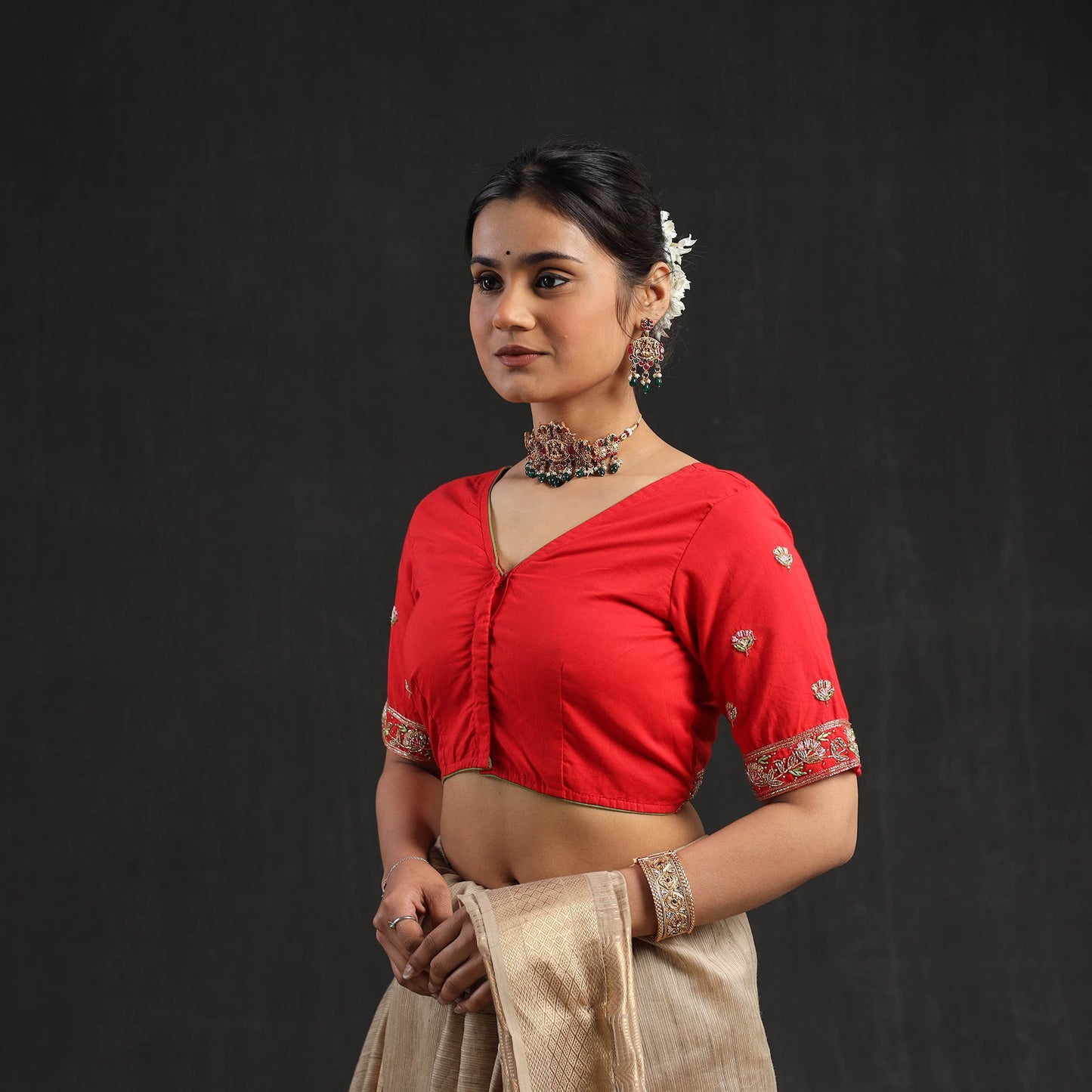 Buy Red Zardozi Hand Embroidery Cotton Blouse Online