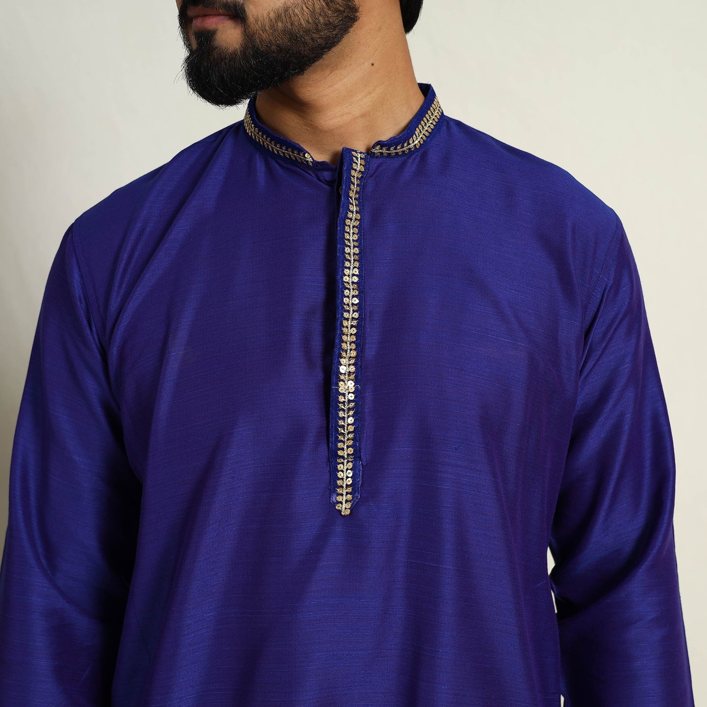 Royal Blue Slub Silk Kurta for Men with Detailed Neckline Work