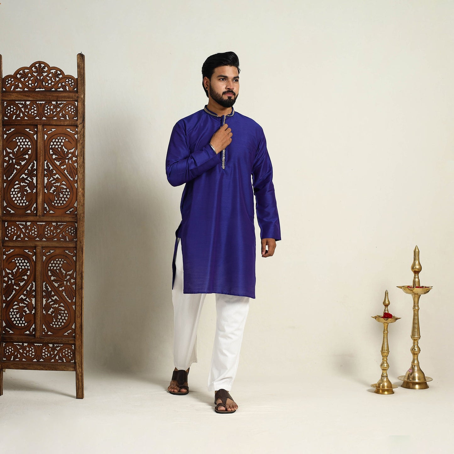 Royal Blue Slub Silk Kurta for Men with Detailed Neckline Work