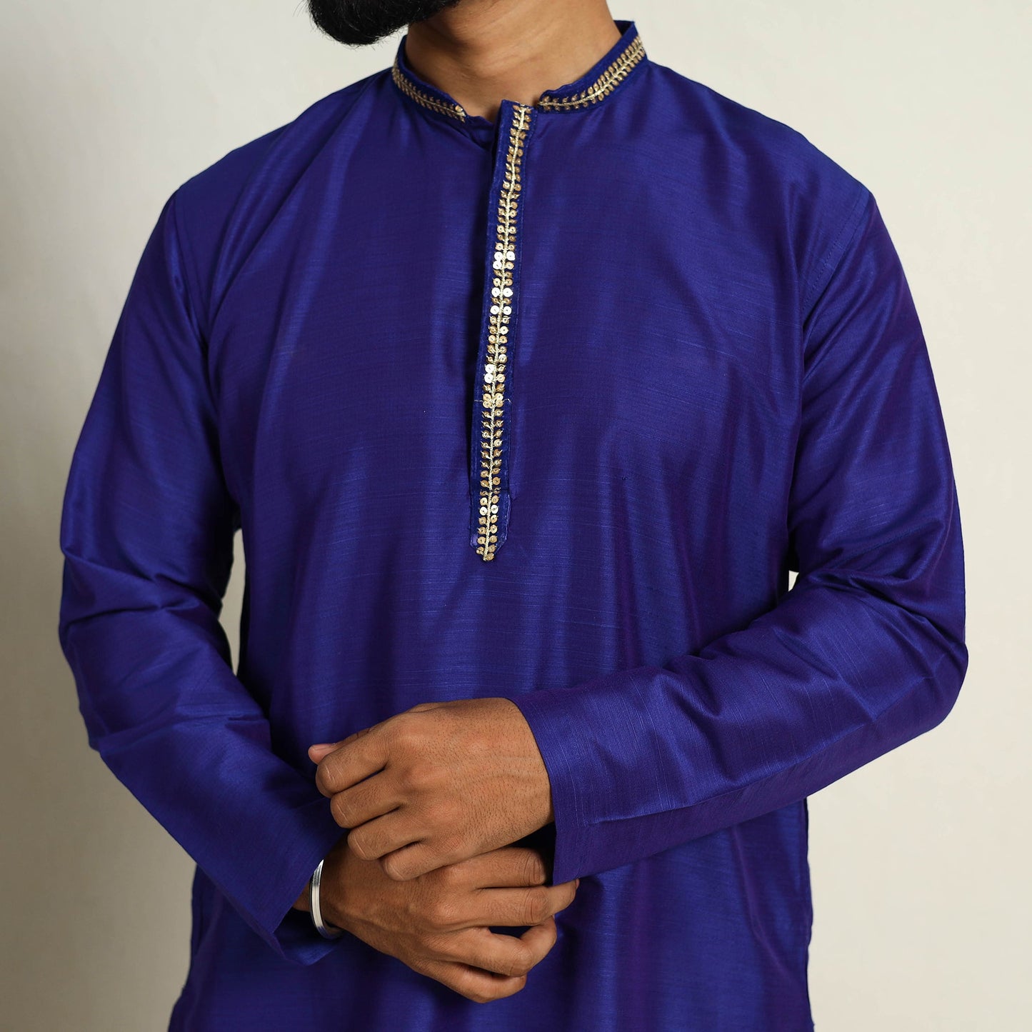 Royal Blue Slub Silk Kurta for Men with Detailed Neckline Work