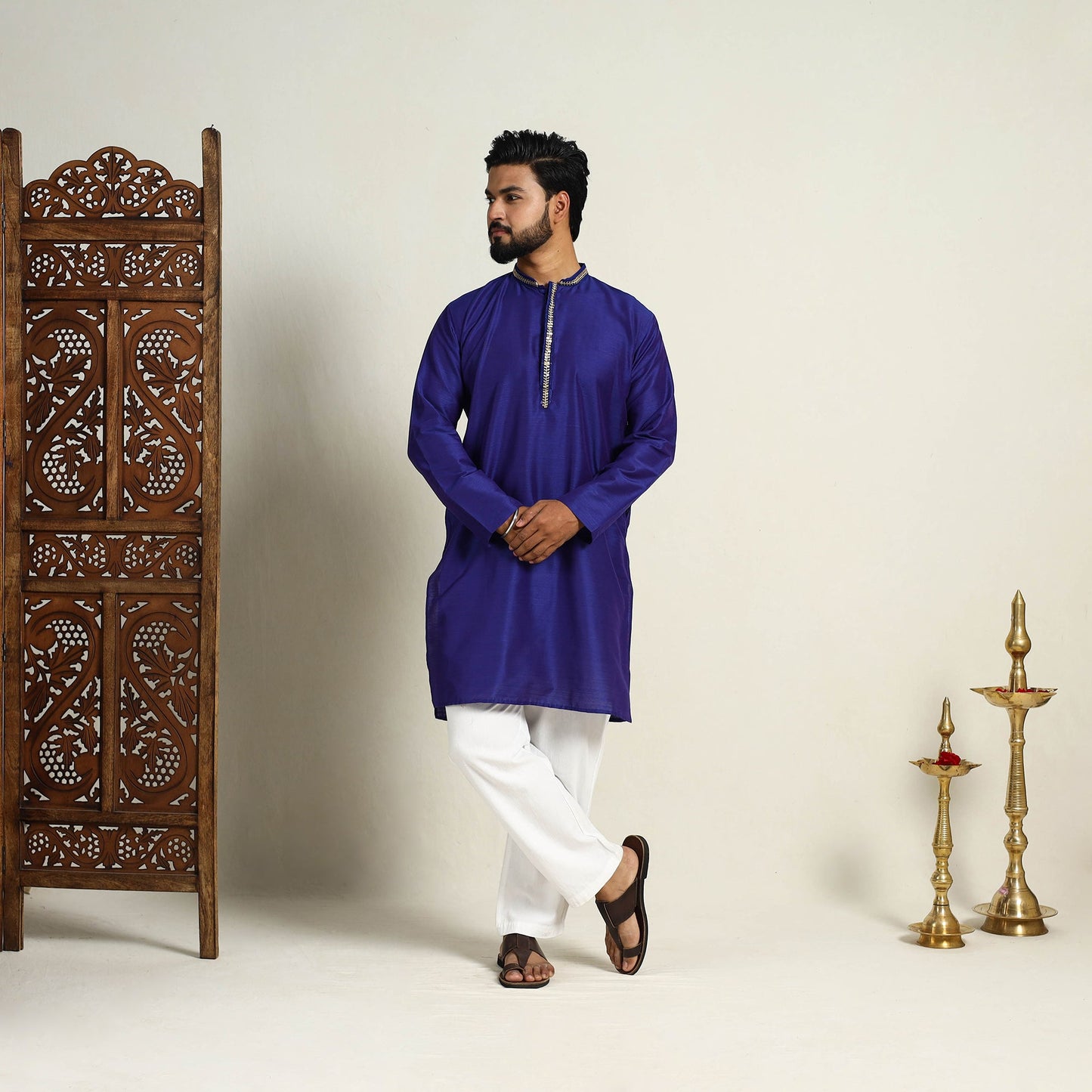 Royal Blue Slub Silk Kurta for Men with Detailed Neckline Work