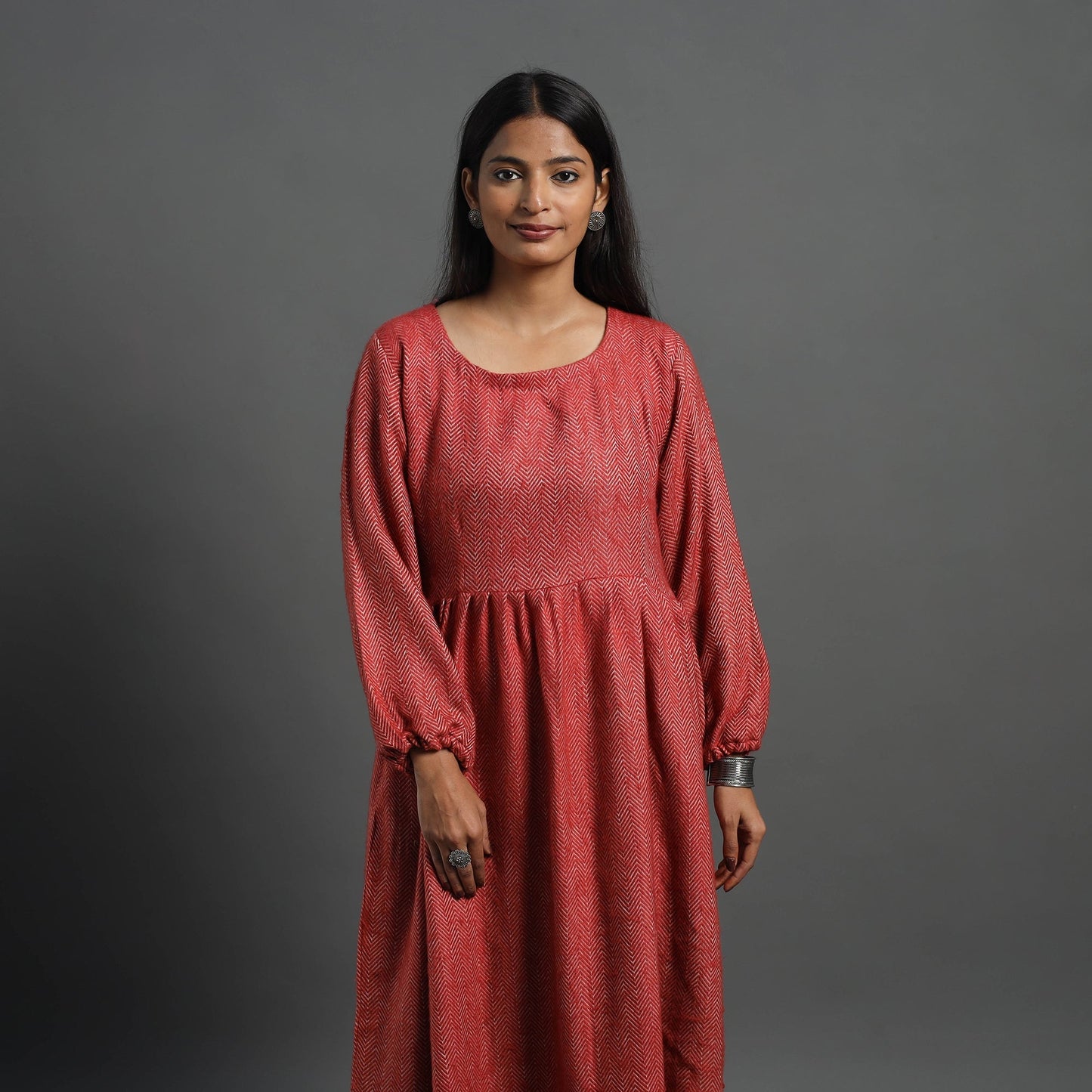 Ruhi Brick Red Plain Flared Woolen Dress