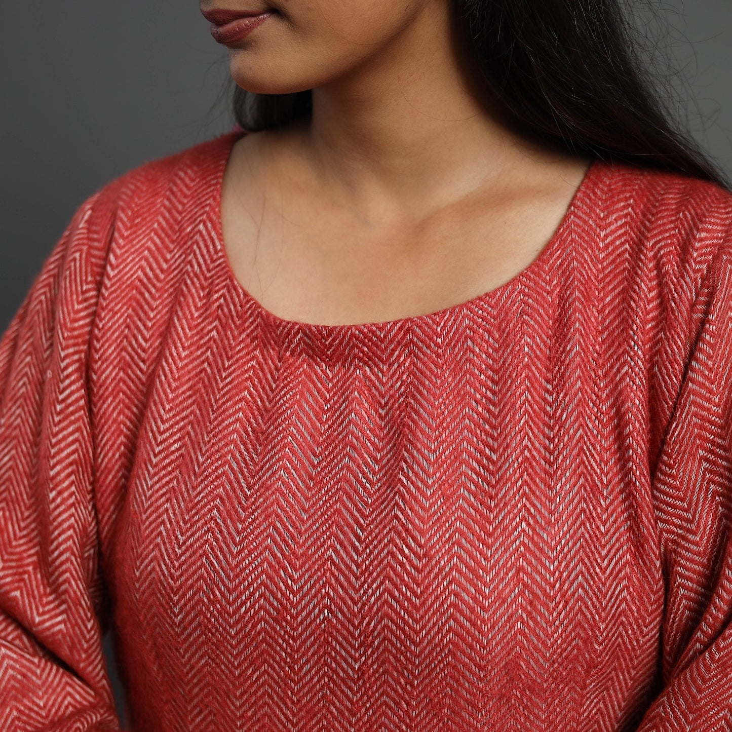 Ruhi Brick Red Plain Flared Woolen Dress