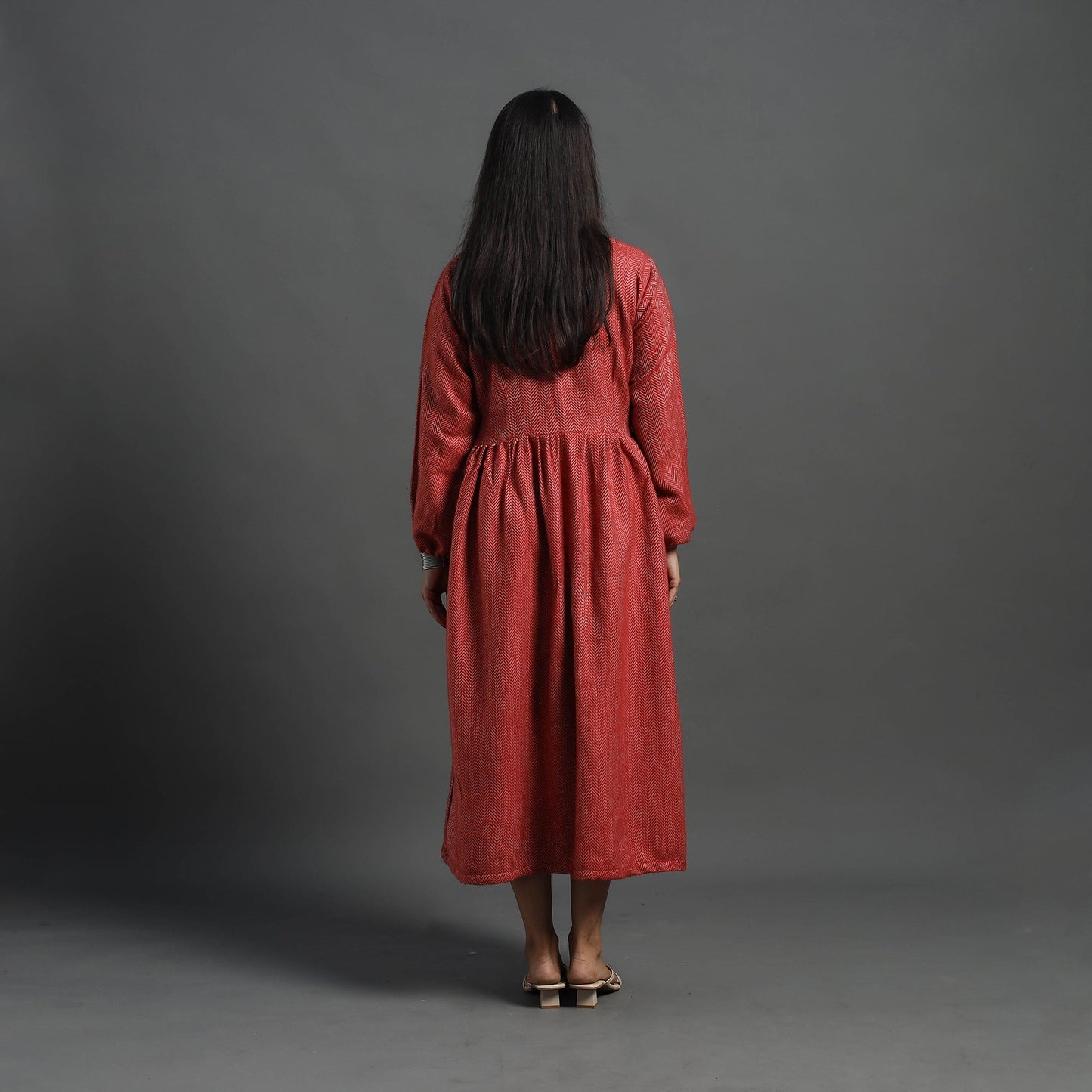 Ruhi Brick Red Plain Flared Woolen Dress