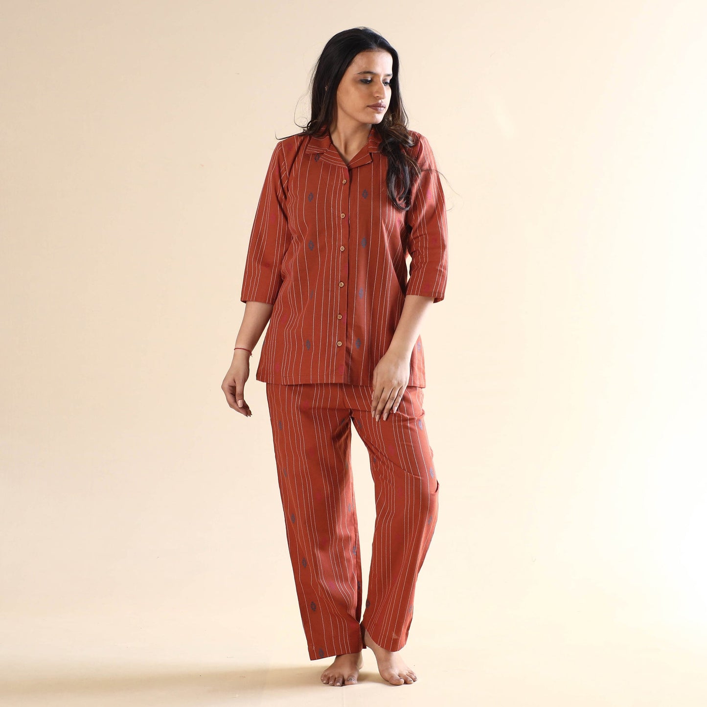 Rust orange jacquard cotton top & pyjama night suit set