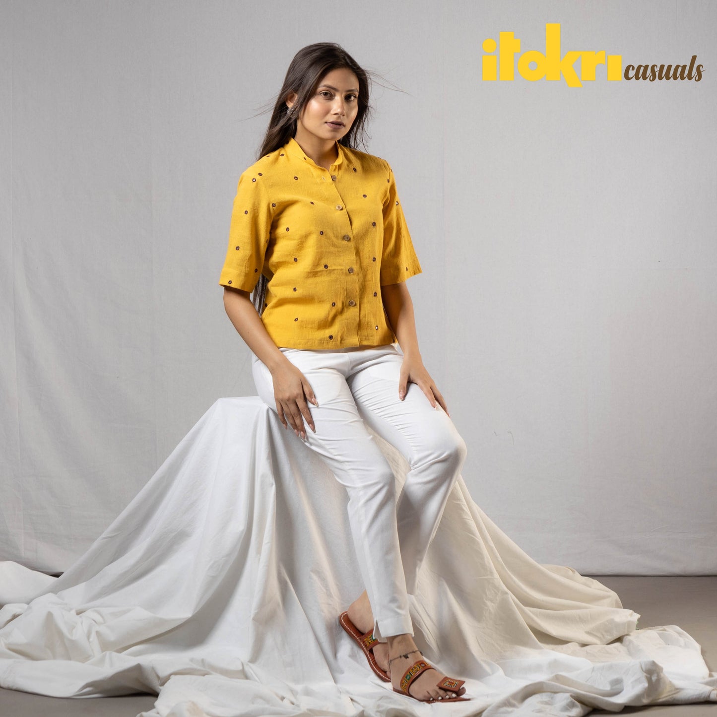 Saffron Yellow Handwoven Kala Cotton Mirror Work Crop Shirt