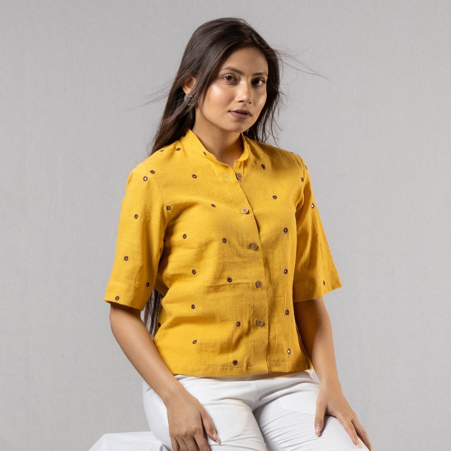 Saffron Yellow Handwoven Kala Cotton Mirror Work Crop Shirt