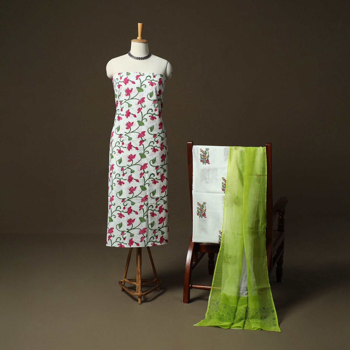 Sanganeri hand block print cotton 3pc unstitched dress