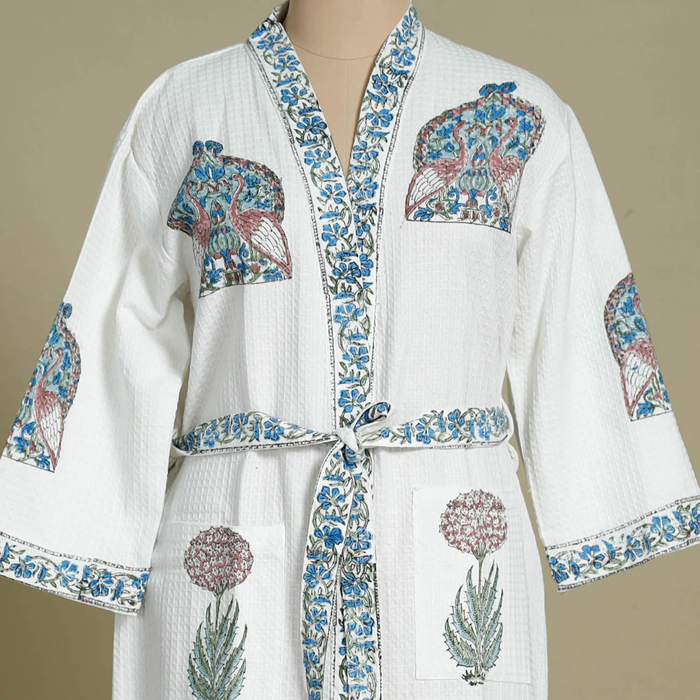 Buy Sanganeri Block Printed Waffle Weave Handwoven Bath Robe Online at iTokri.com