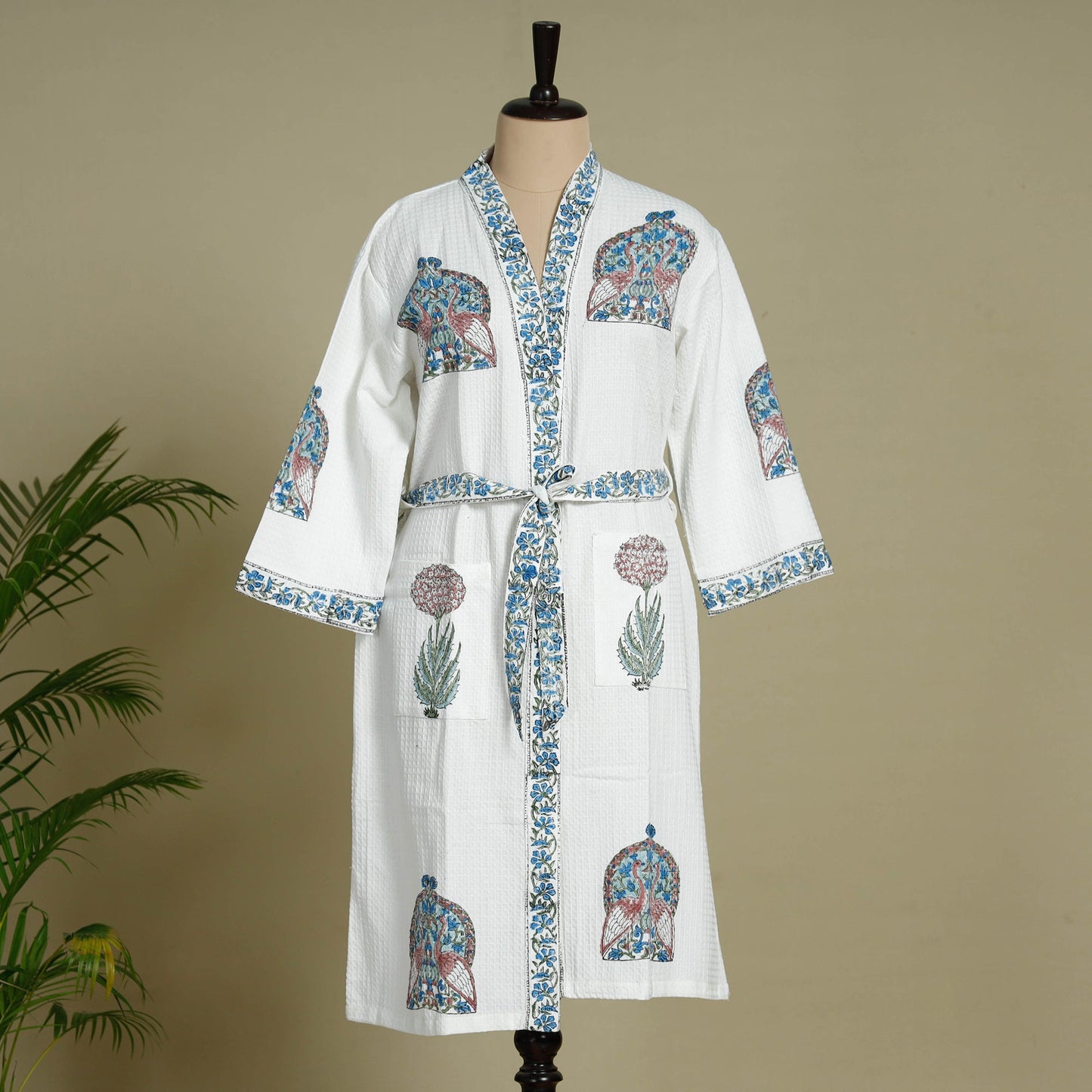 Buy Sanganeri Block Printed Waffle Weave Handwoven Bath Robe Online at iTokri.com